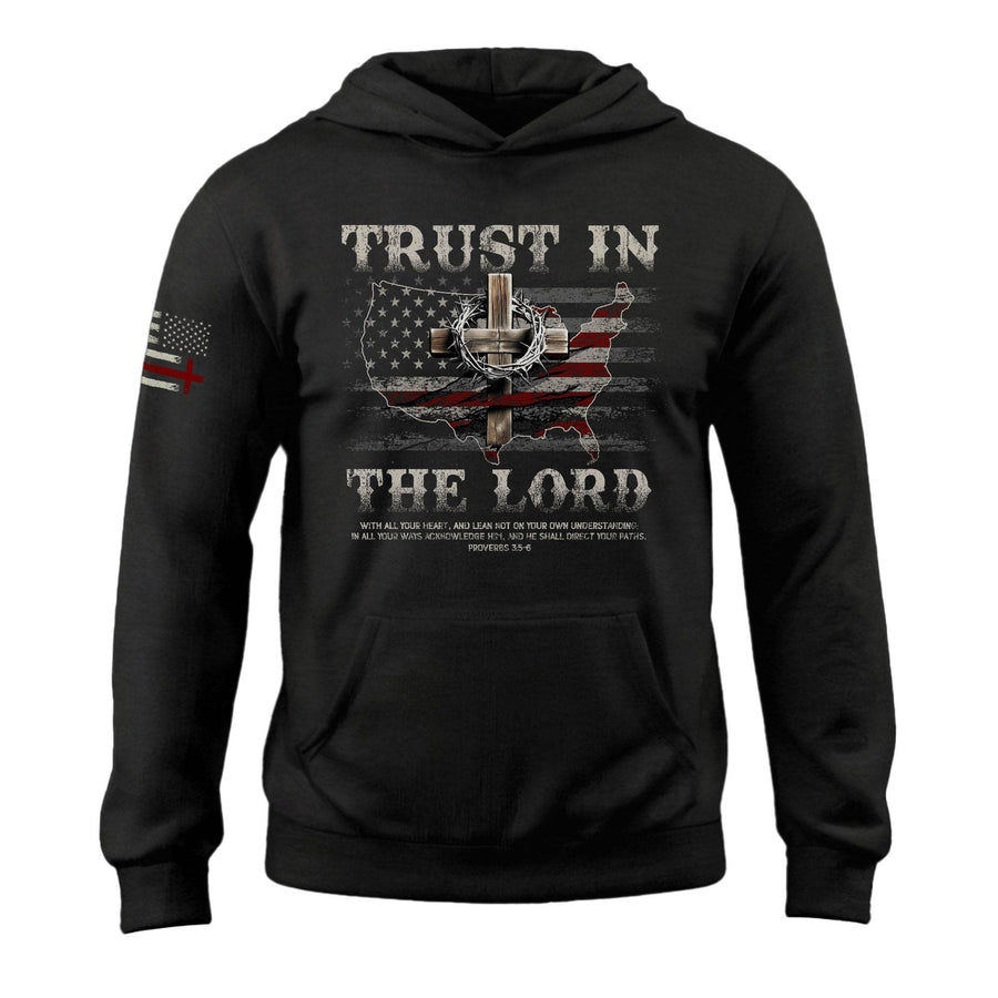 Trust in the Lord Hoodie – Proverbs 3:5-6 Cross & USA Flag Design