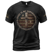 Jesus Is My Superhero Cross & American Flag T-Shirt - Rust Field Wear