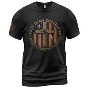 Jesus Is My Superhero Wooden Cross & Flag T-Shirt - Rust Field Wear