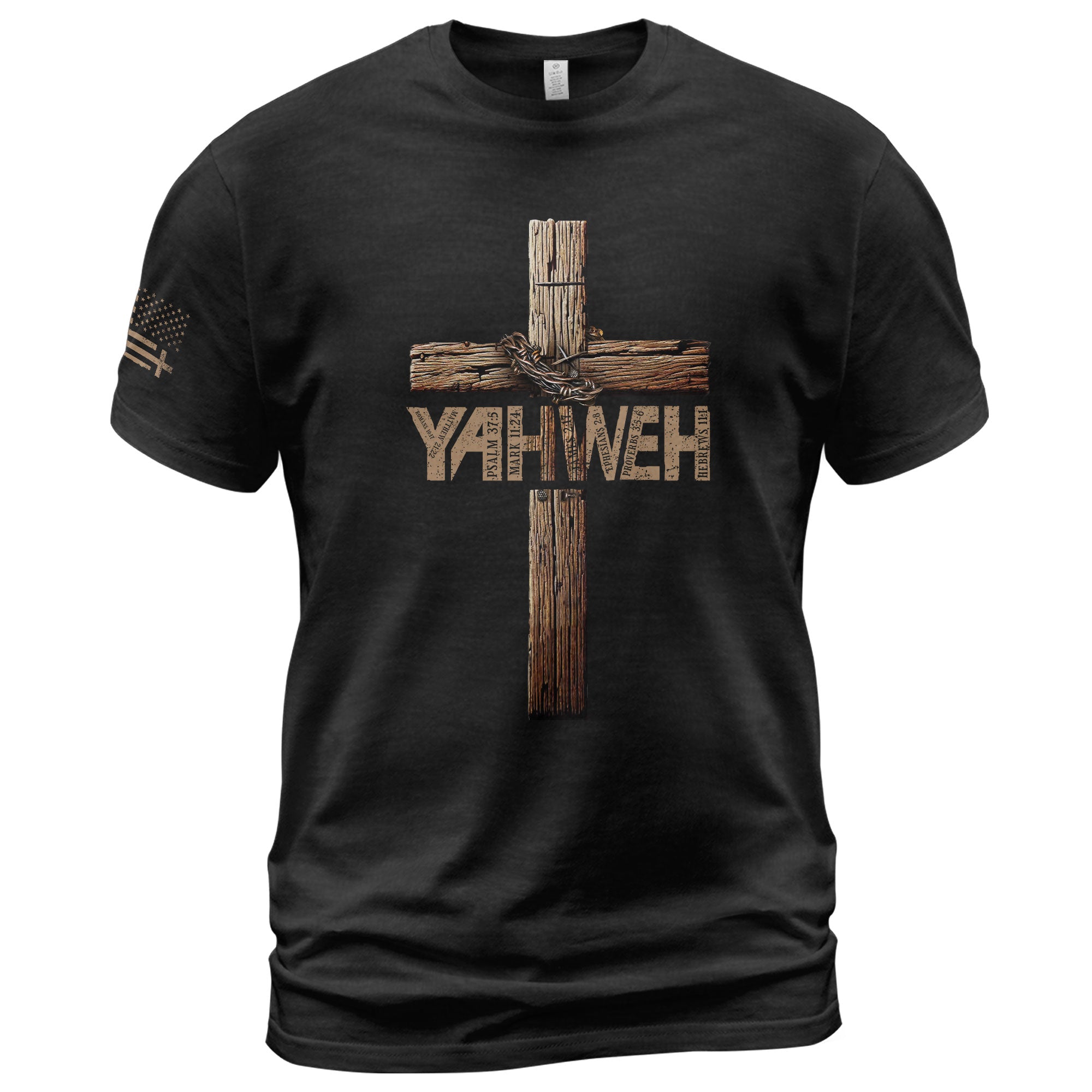 Yahweh Cross with Bible Verse Wooden Design T-Shirt