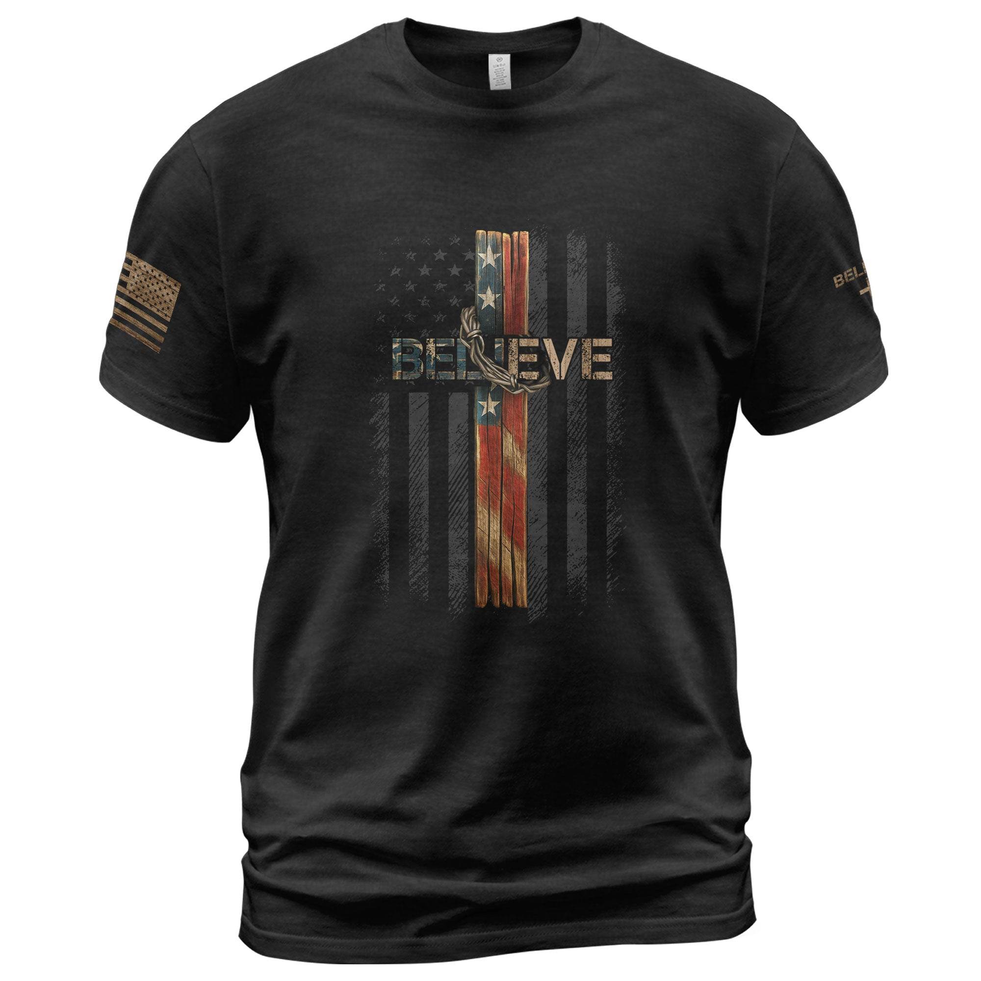 Believe American Flag Cross Christian T-Shirt - Rust Field Wear