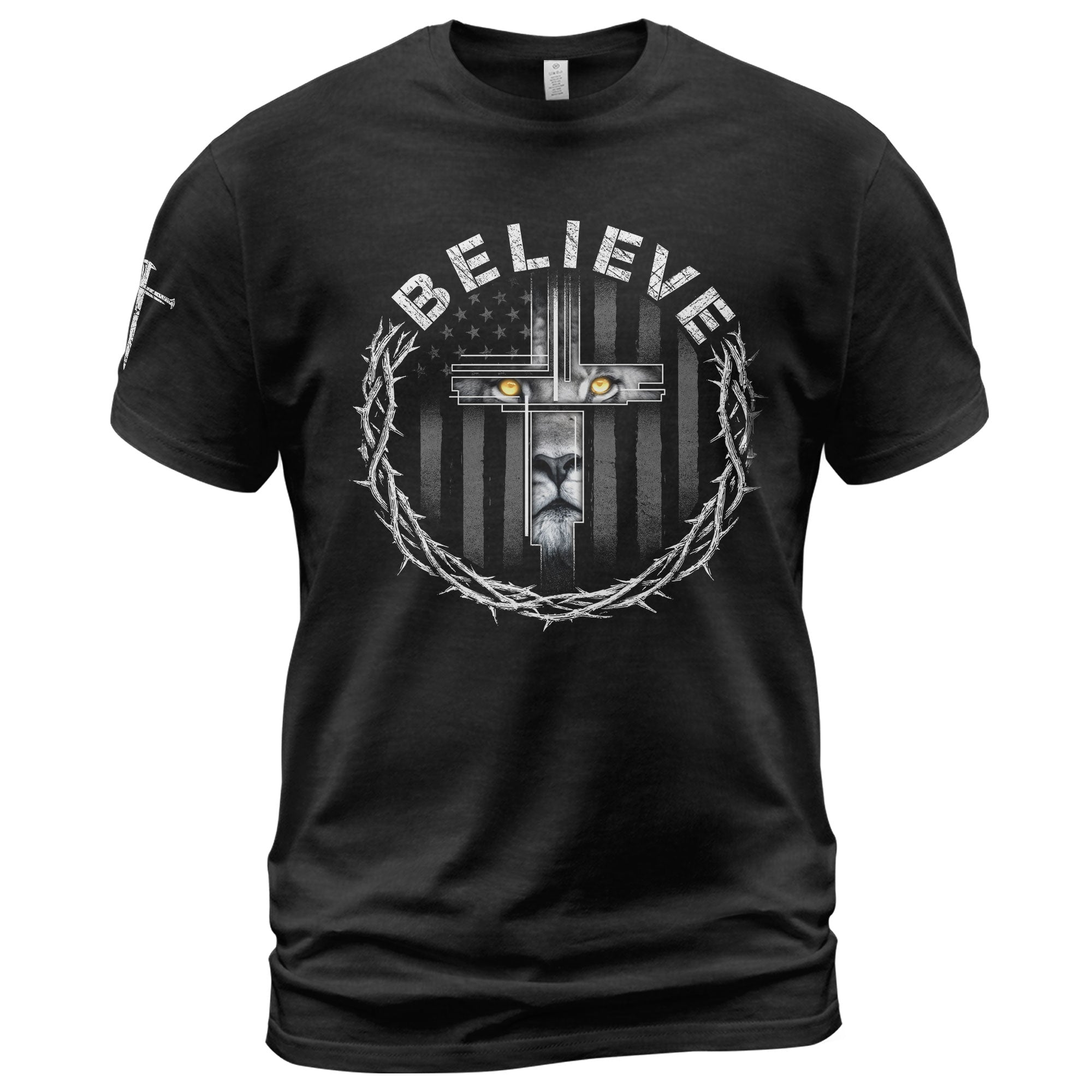Believe Lion Cross Crown of Thorns Christian T-Shirt