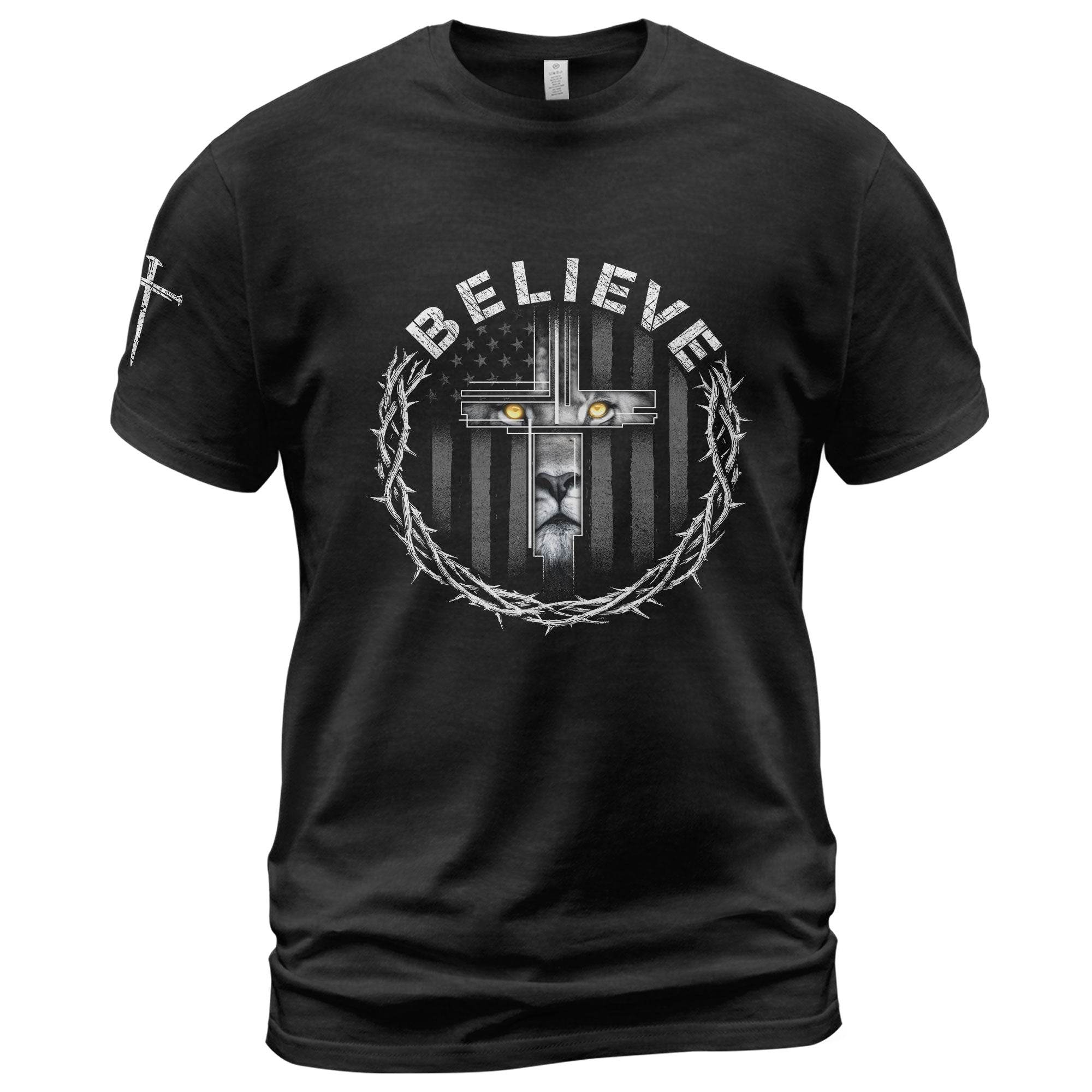 Believe Lion Cross Crown of Thorns Christian T-Shirt - Rust Field Wear