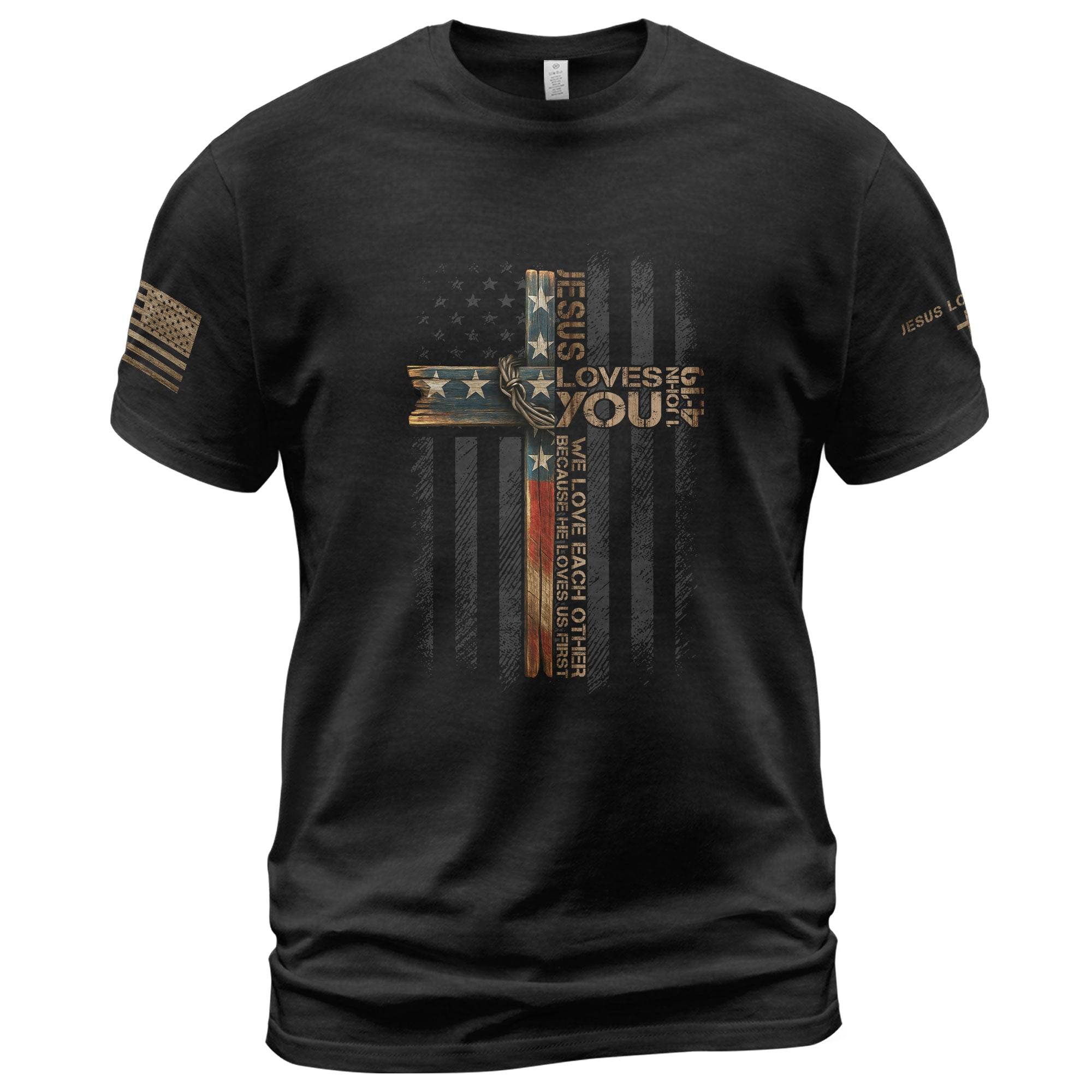 Jesus Loves You American Flag Cross Christian T-Shirt - Rust Field Wear