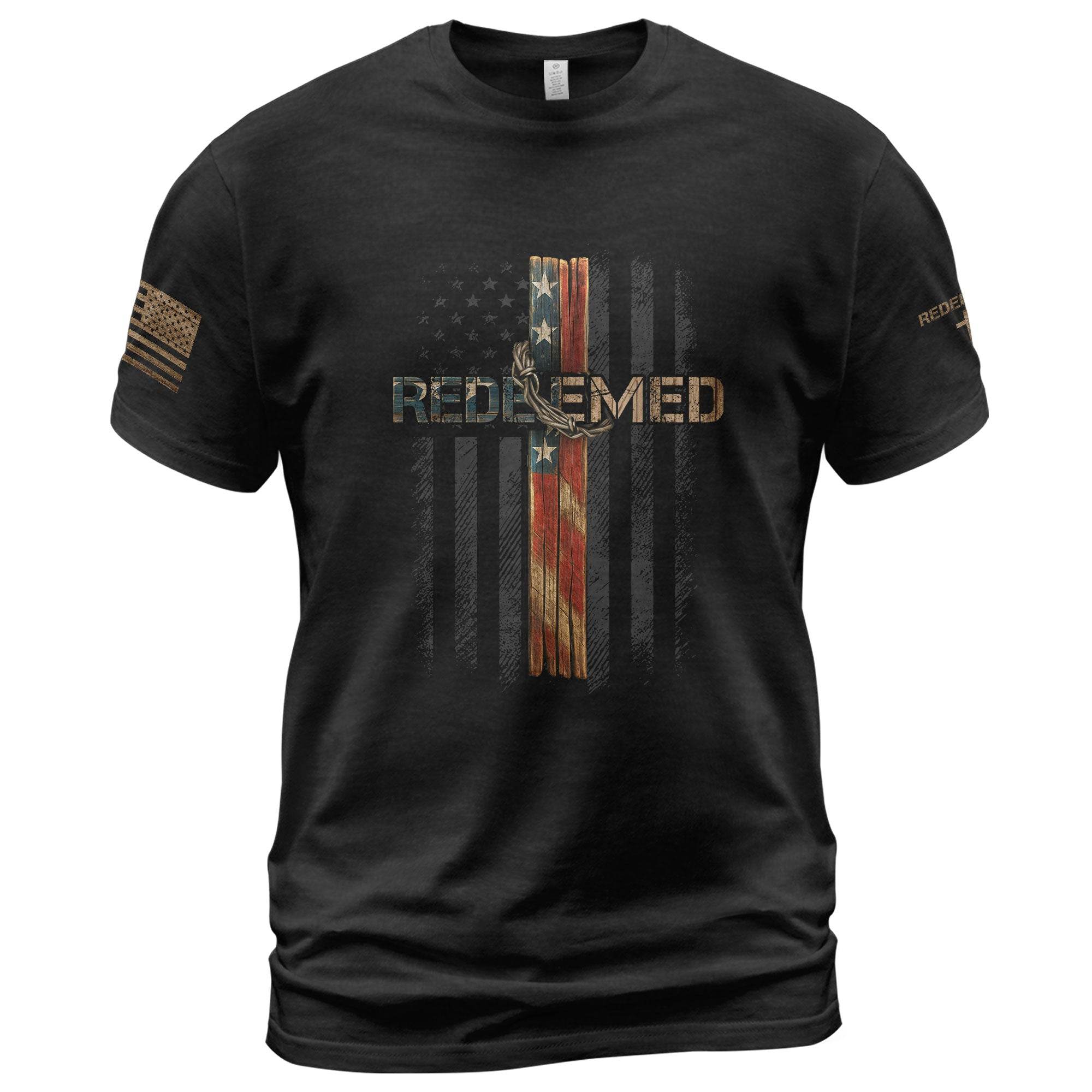 Redeemed American Flag Cross Christian T-Shirt - Rust Field Wear