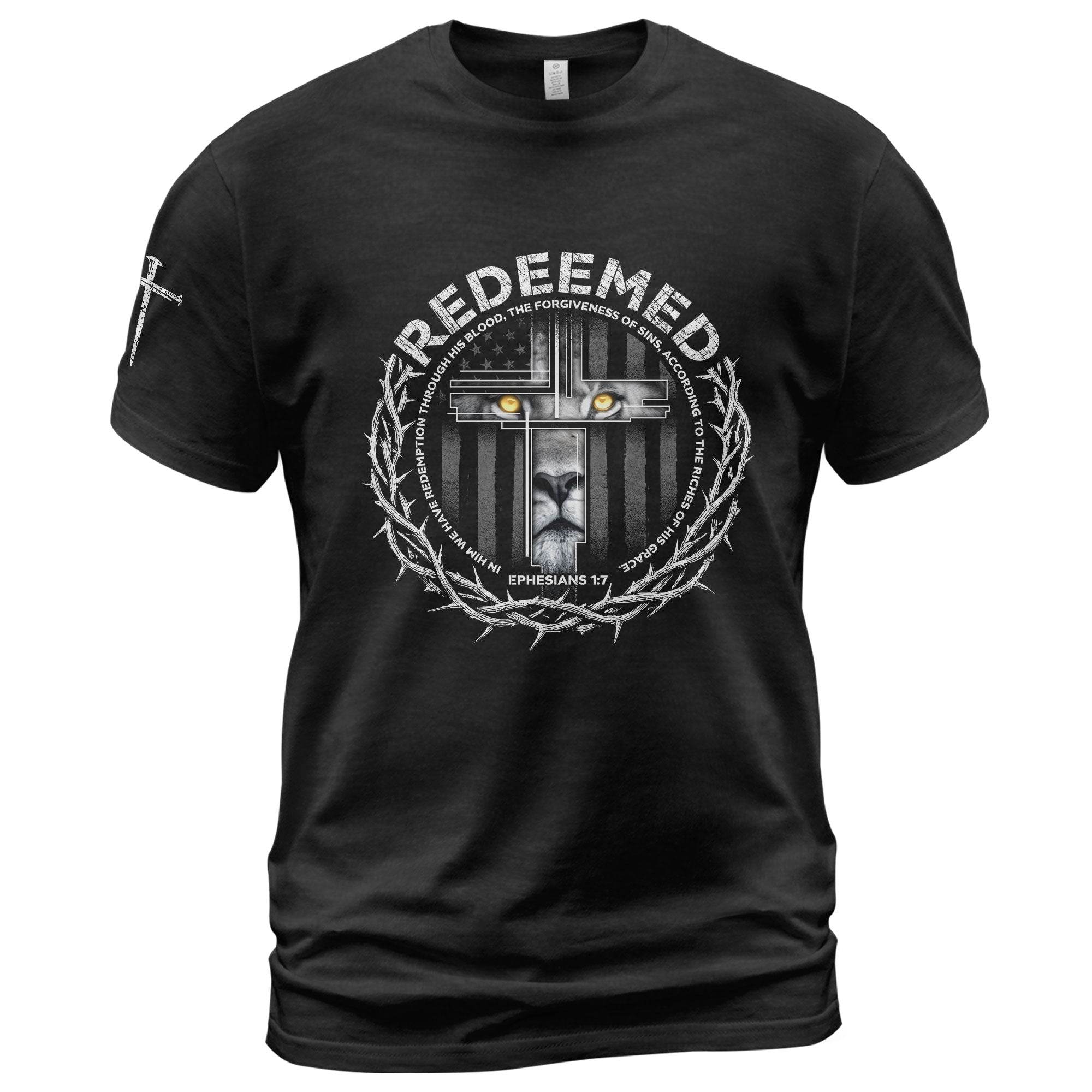 Redeemed Ephesians 1:7 Lion Cross Christian T-Shirt - Rust Field Wear