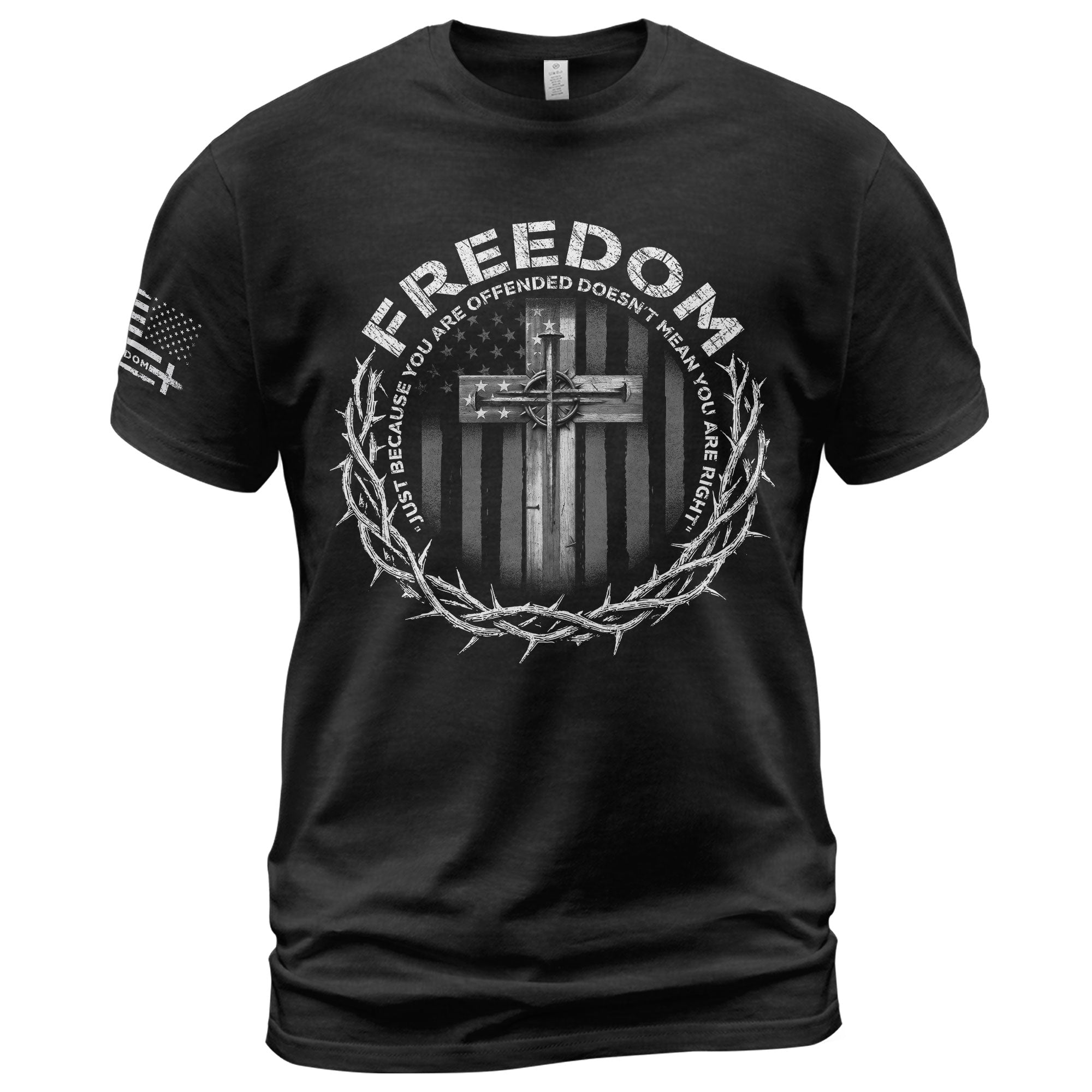 Freedom Memorial American Flag Cross with Crown of Thorns & Quote T-Shirt