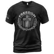 Freedom Memorial American Flag Cross with Crown of Thorns & Quote T-Shirt