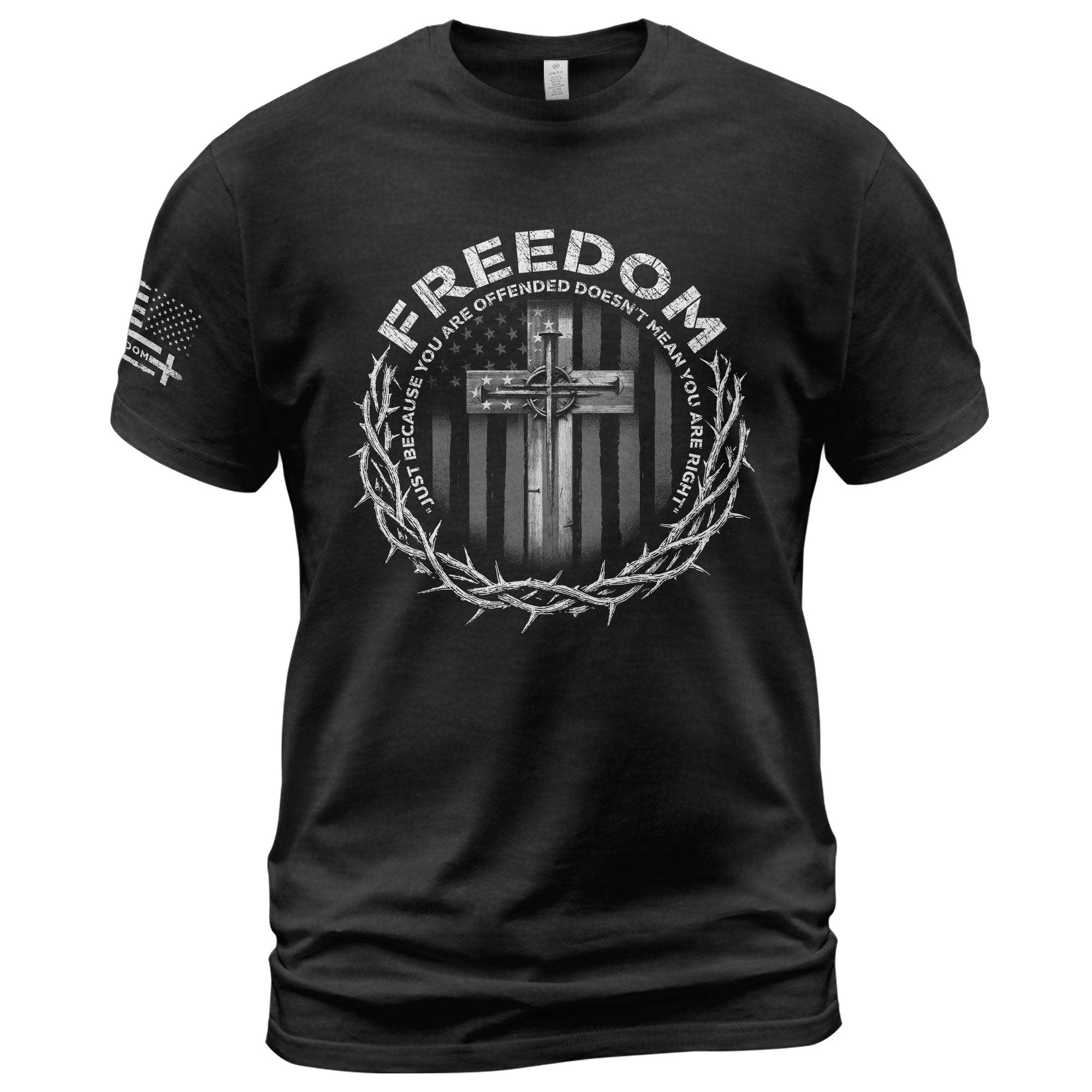 Freedom Memorial American Flag Cross with Crown of Thorns & Quote T-Shirt
