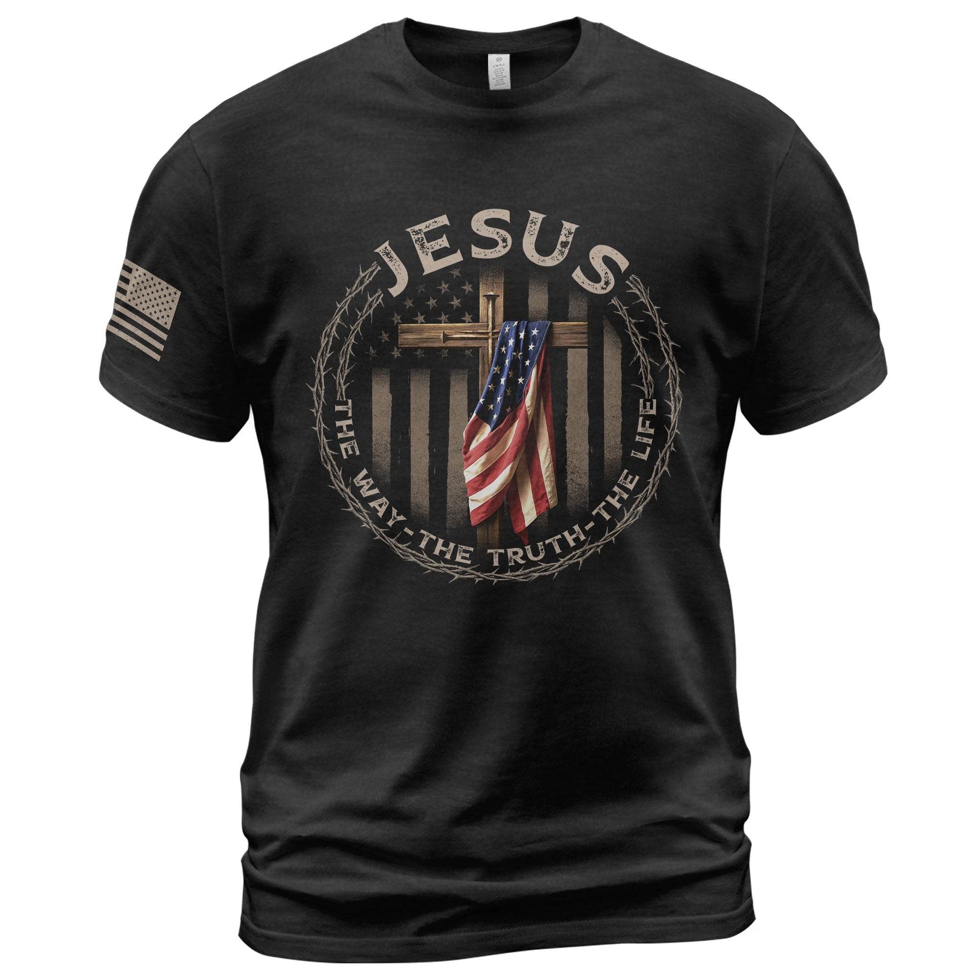 Jesus The Way The Truth The Life T-Shirt – American Flag Cross & Crown of Thorns Design - Rust Field Wear