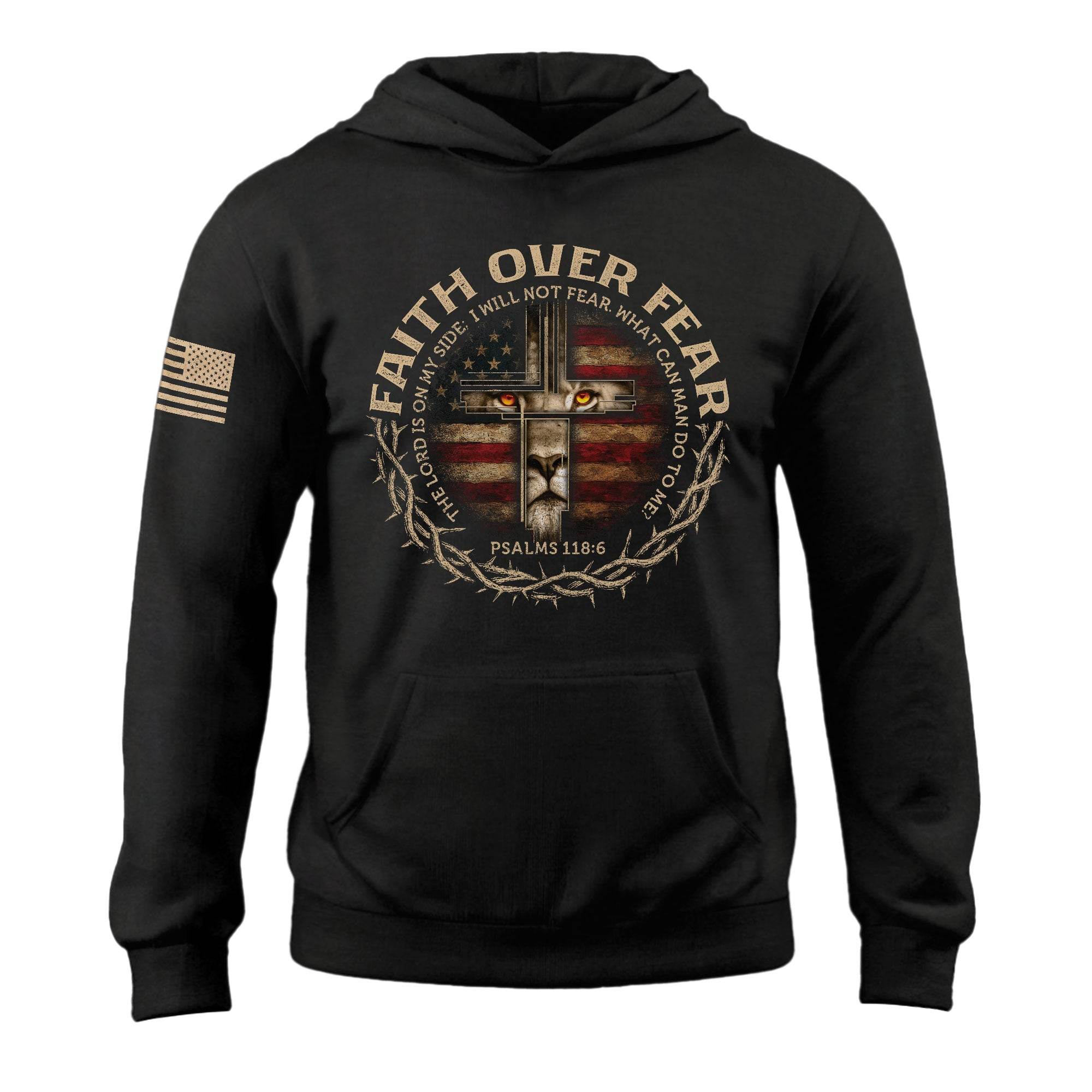 Faith Over Fear Lion Cross American Flag Hoodie - Rust Field Wear