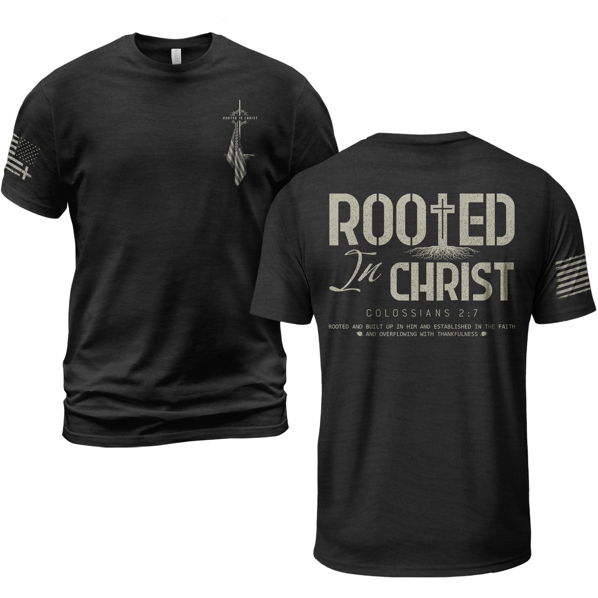 Rooted In Christ Colossians 2 7 Christian T Shirt With Cross And Roots