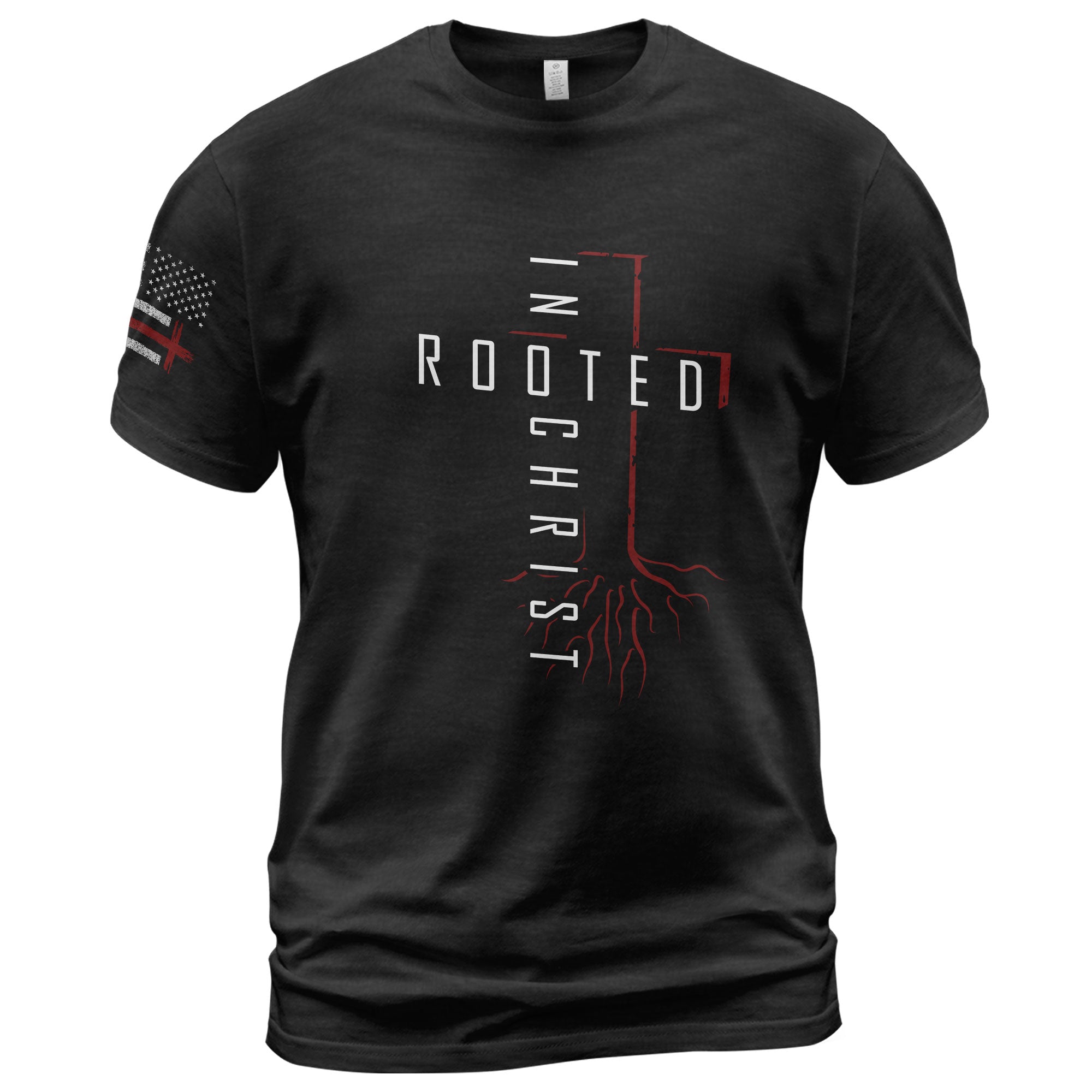 Rooted In Christ Red Cross and Roots Christian T-Shirt
