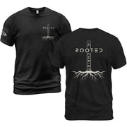 Rooted In Christ Vertical Cross Roots Back Print Christian T-Shirt