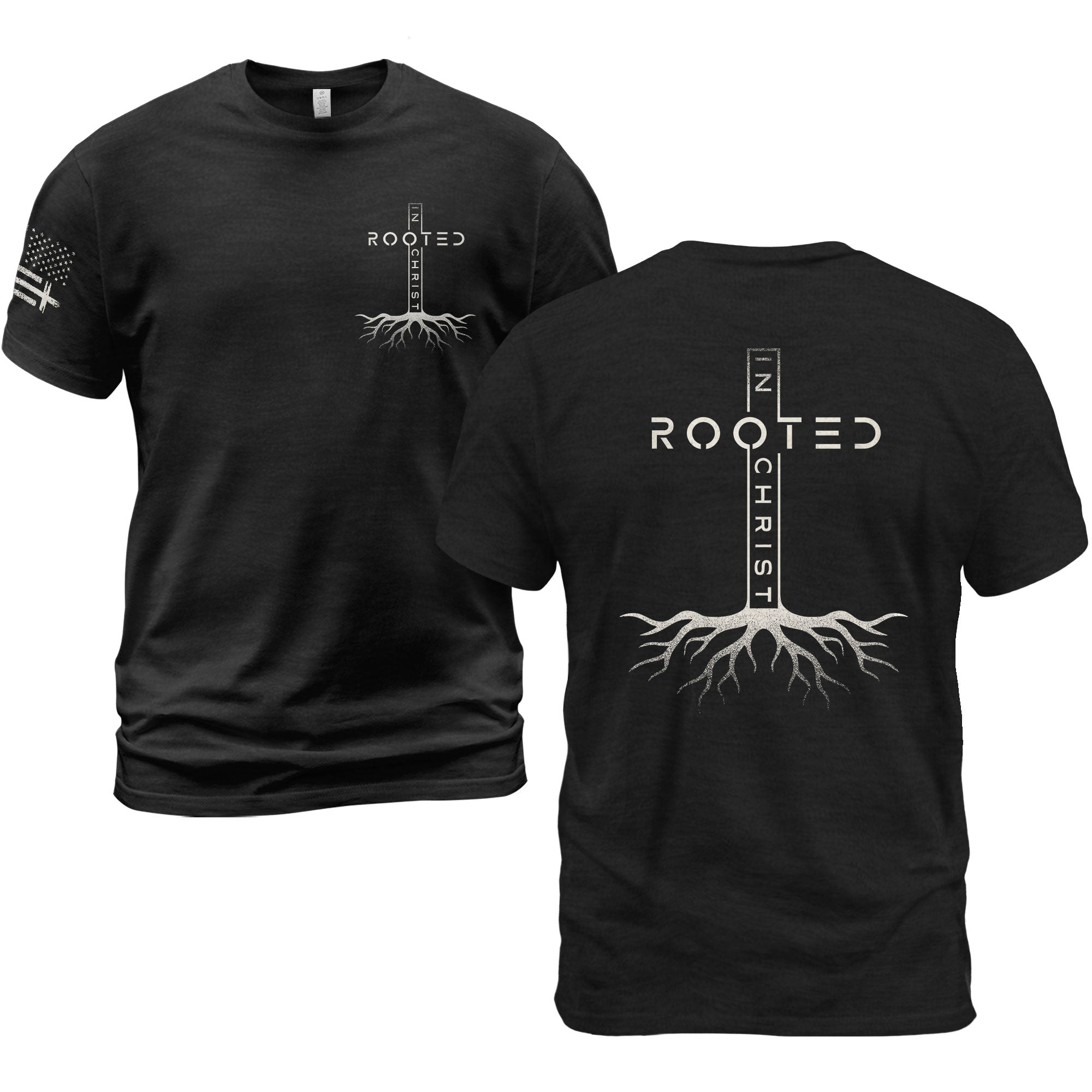 Rooted In Christ Vertical Cross Roots Back Print Christian T-Shirt