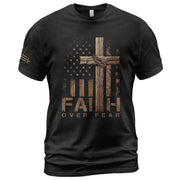 Faith Over Fear Wooden Cross American Flag Christian T-Shirt