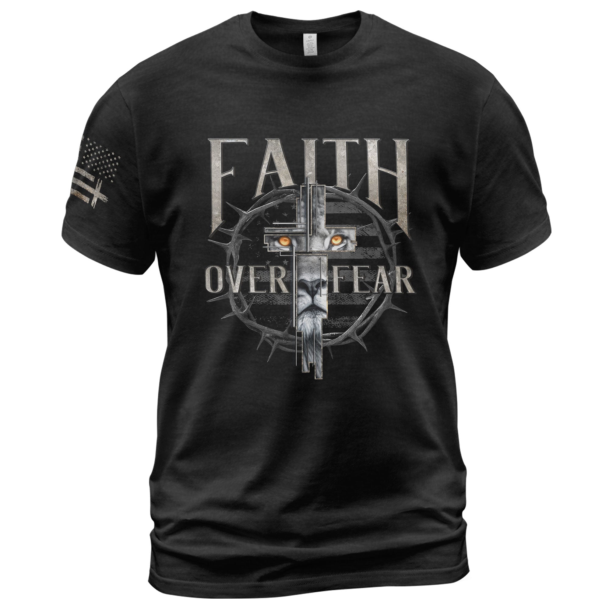 Faith Over Fear Christian T-Shirt Lion Cross Crown Design