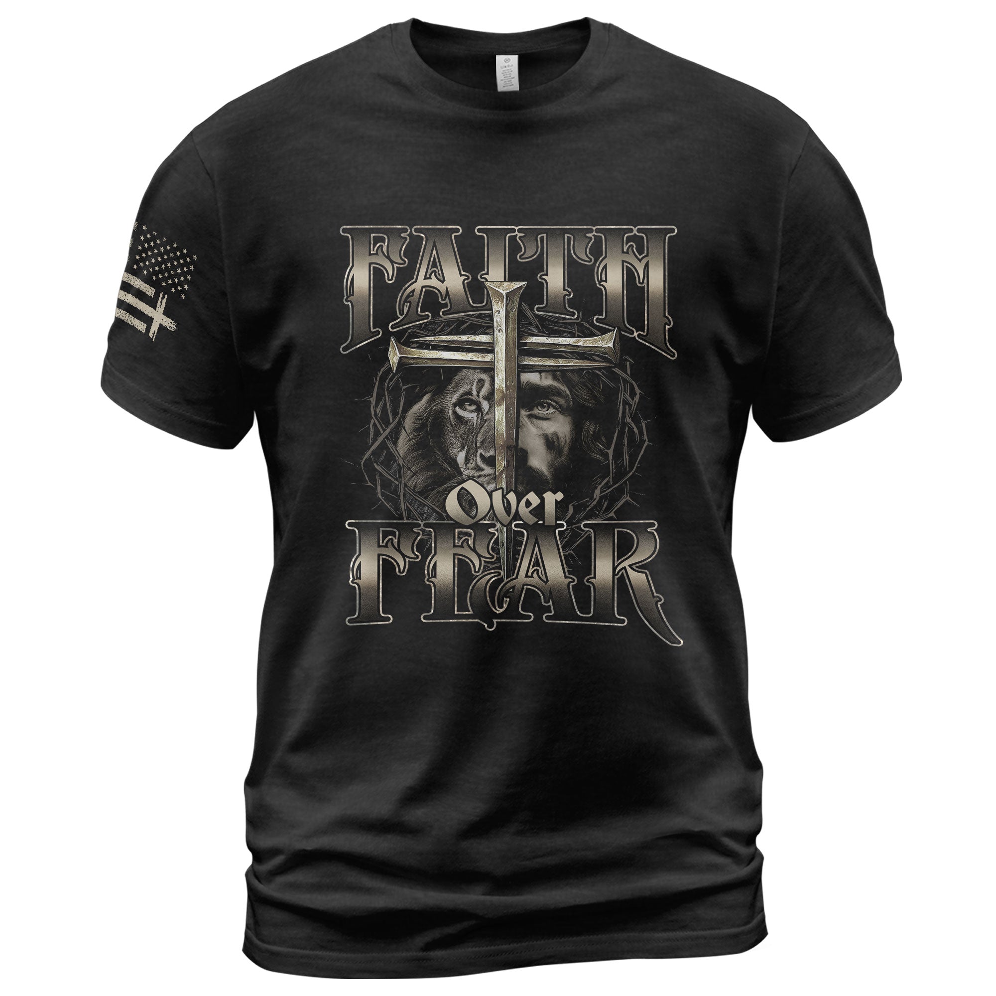 Faith Over Fear Christian T-Shirt Lion Jesus Cross Crown Design