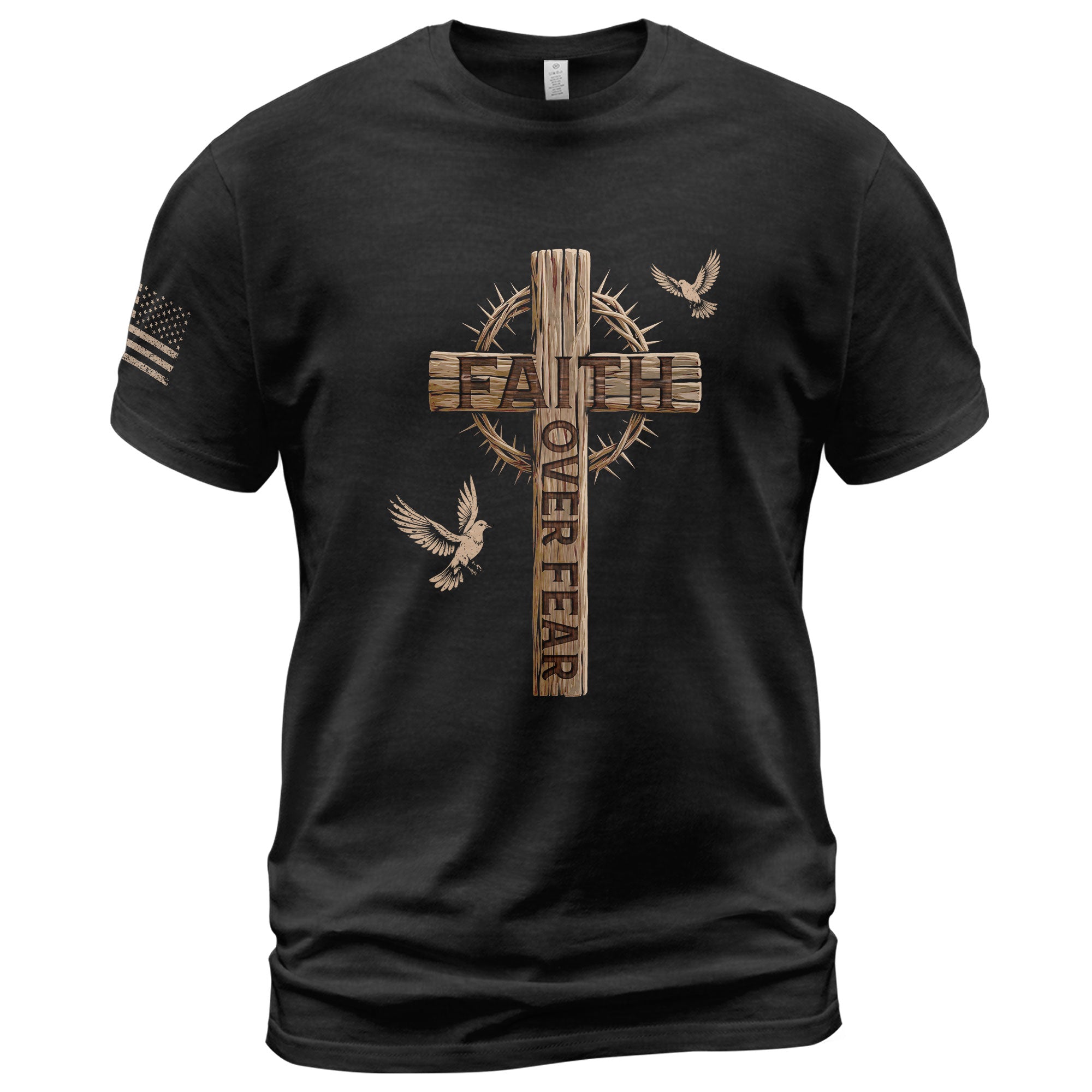 Faith Over Fear Christian T-Shirt Wooden Cross Crown of Thorns Design