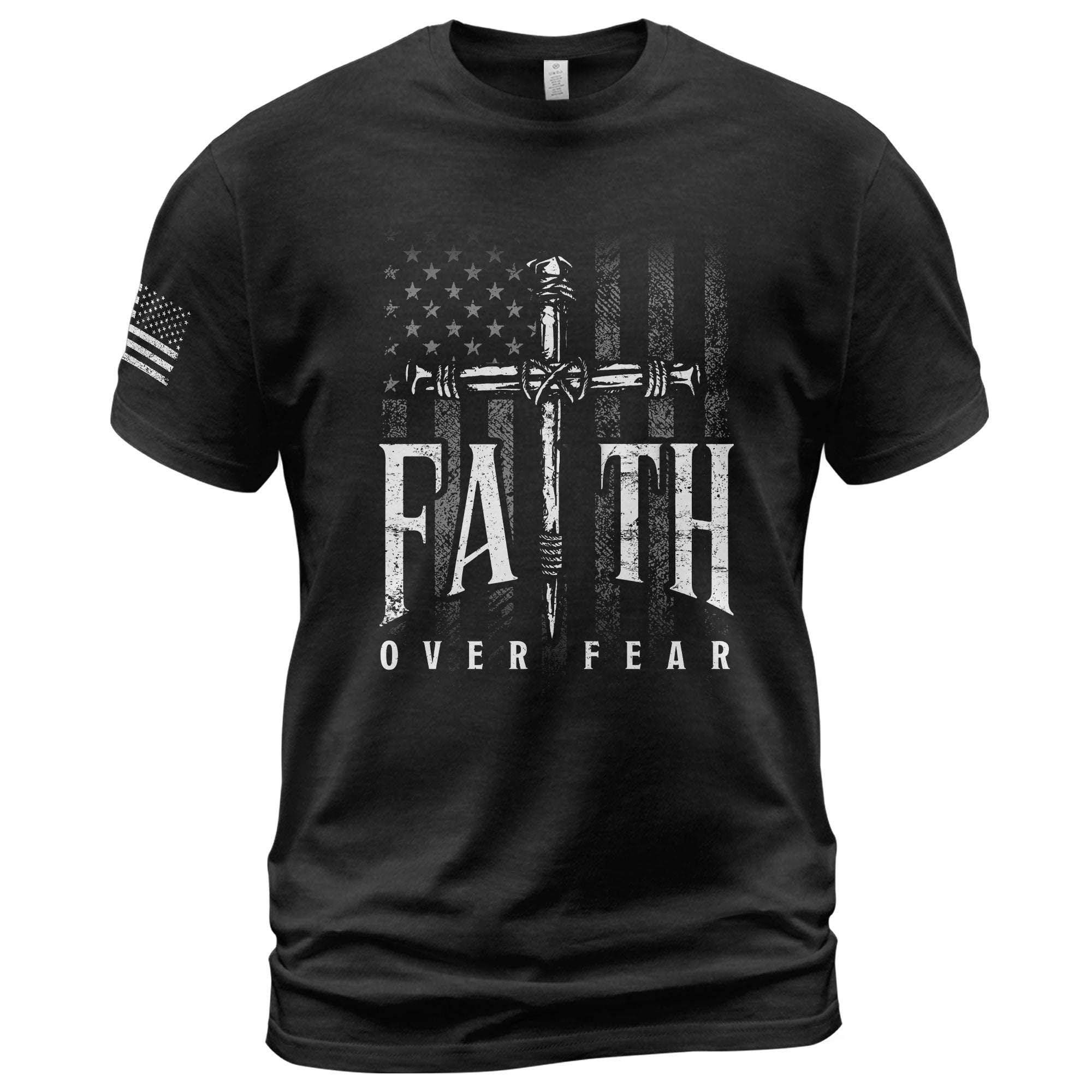 Faith Over Fear Christian T-Shirt American Flag Cross Sword Design