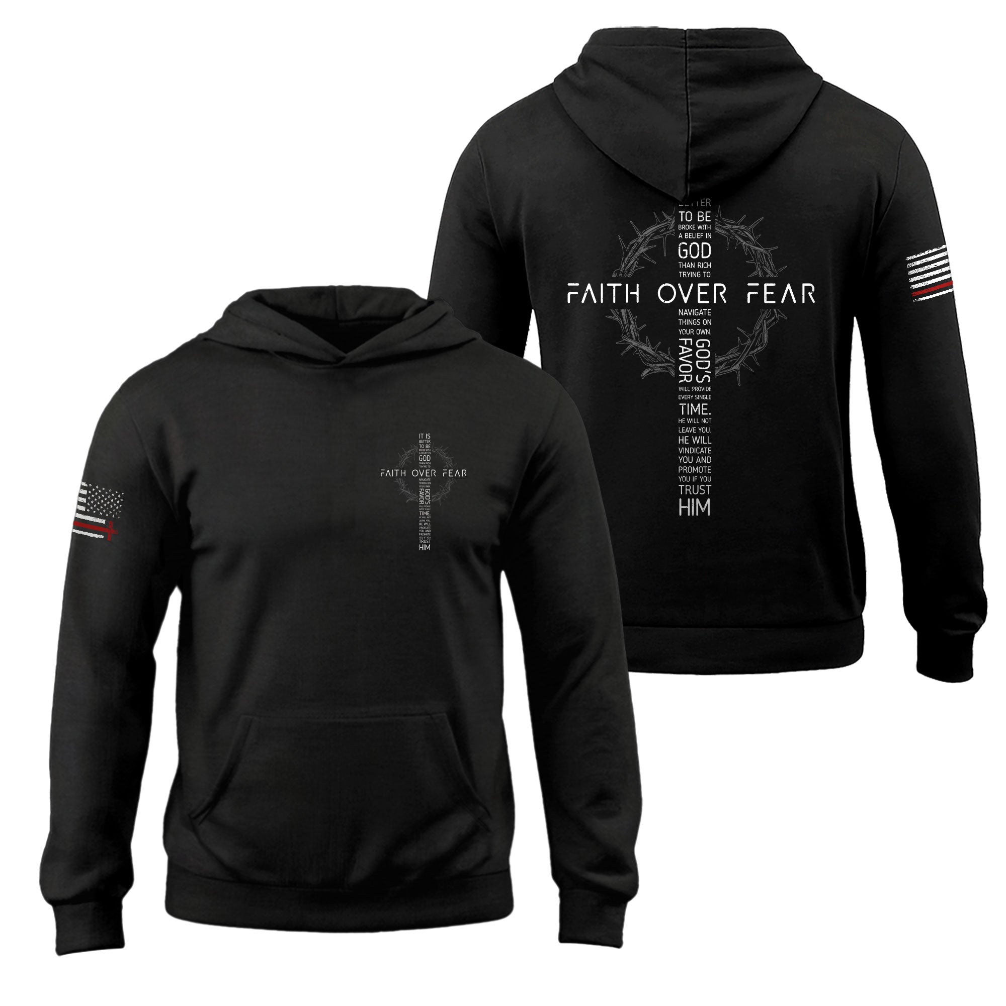 Faith Over Fear Christian Hoodie Patriotic American Flag Cross Design