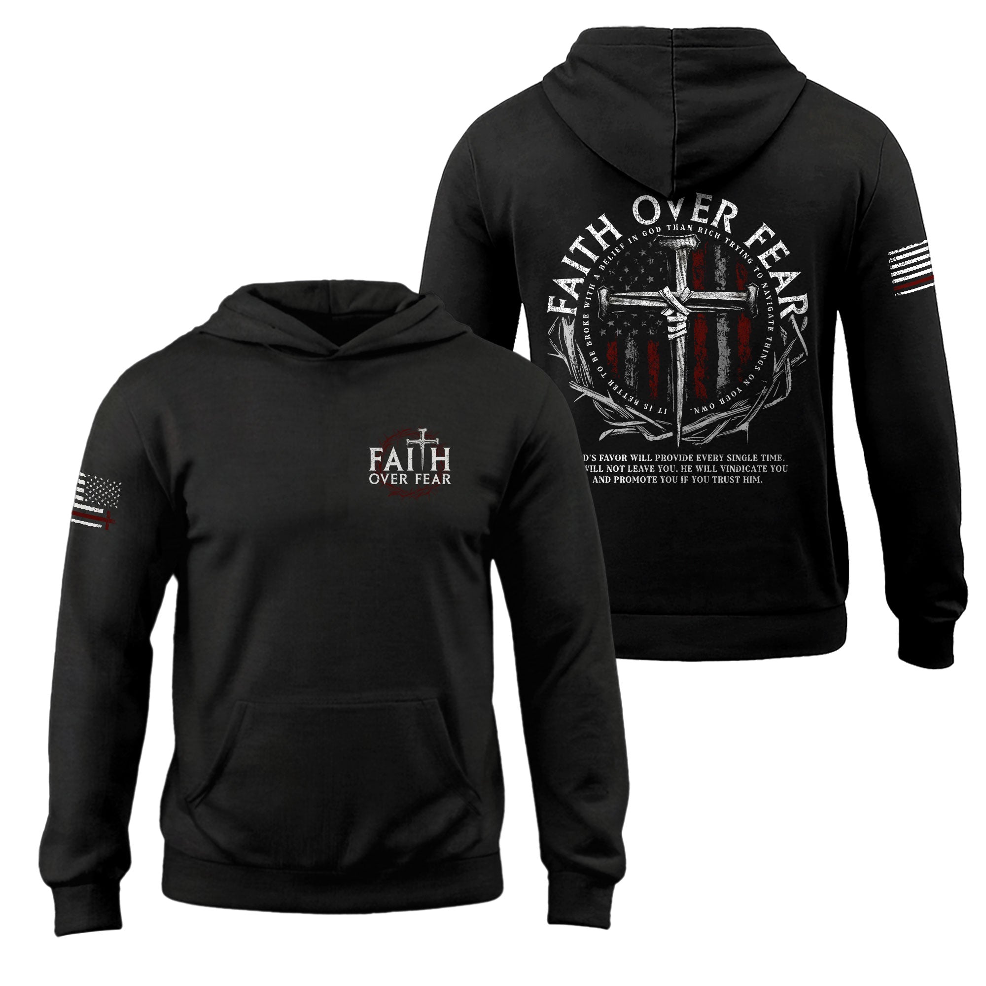 Faith Over Fear Christian Hoodie Nail Cross American Flag Design