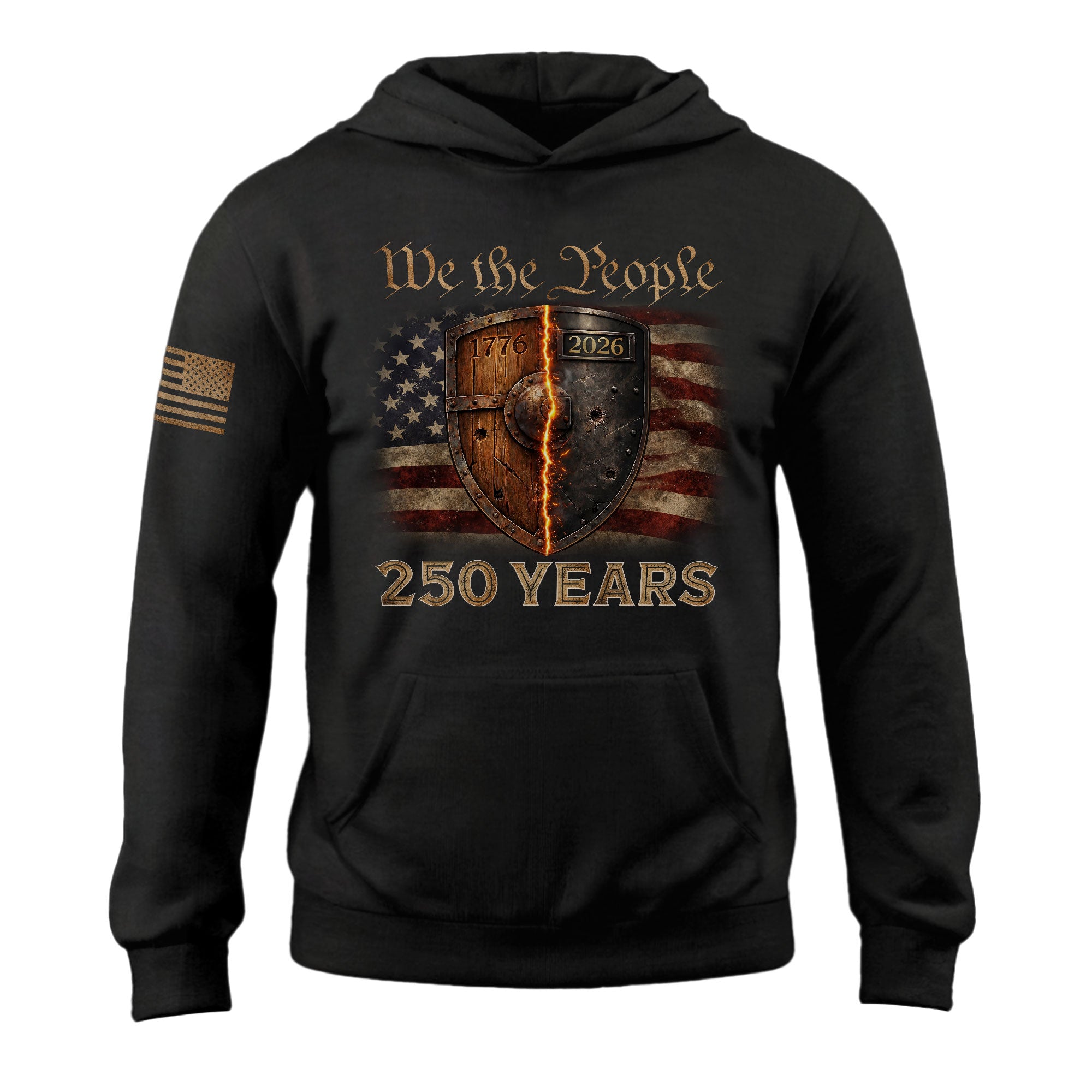 USA 250th Anniversary 250 Years Semiquincentennial Hoodie 1776-2026 Patriotic Burning Shield USA Flag Mens