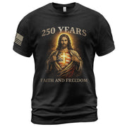 250th Anniversary 250 Years Christian Shirt - Patriotic Jesus with American Flag Heart & Glowing Cross Design