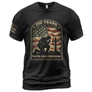 Faith and Freedom 250 Years 250th Anniversary Patriotic T-Shirt - Kneeling Soldier Prayer & American Flag Graphic Tee