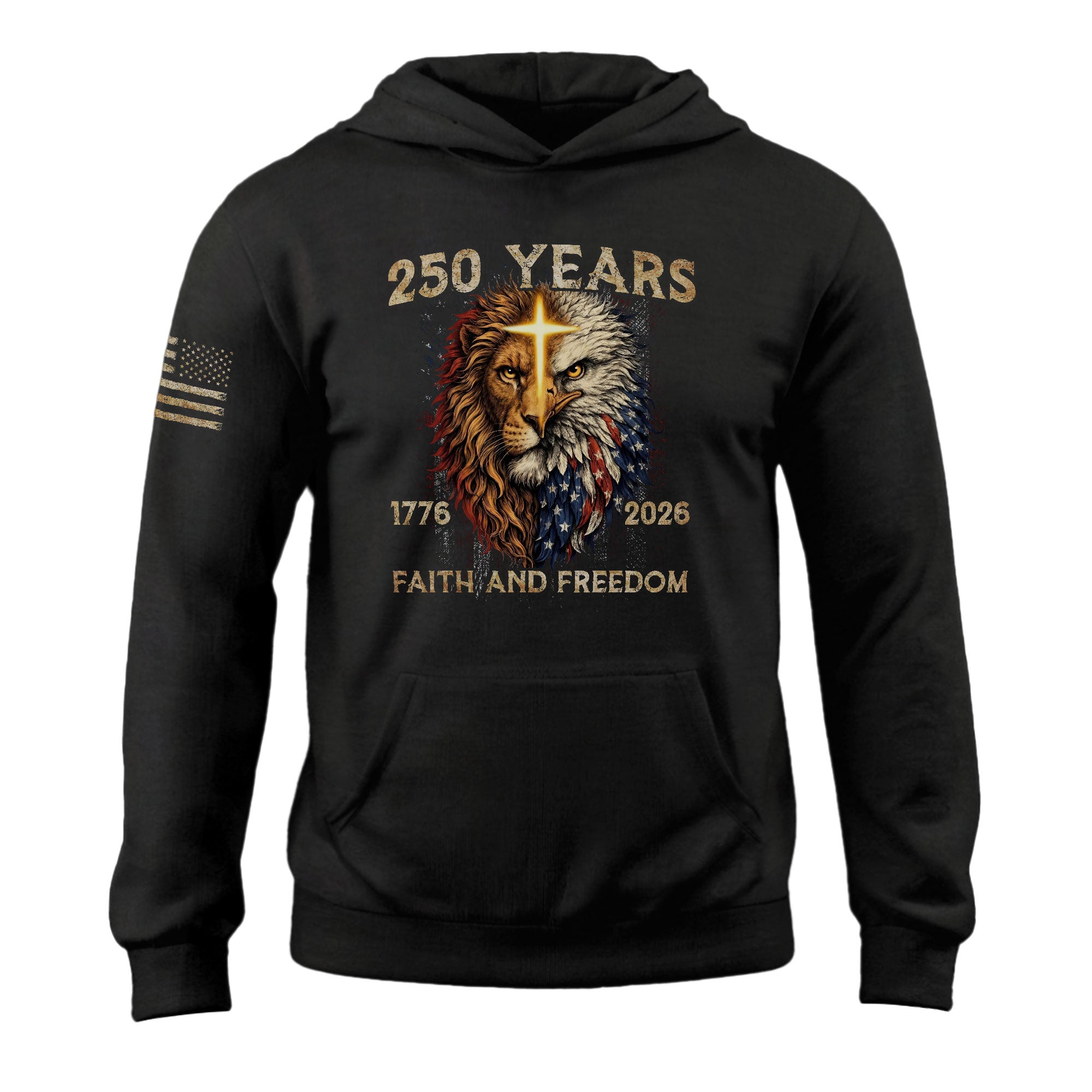 USA 250th Anniversary 1776-2026 Semiquincentennial Hoodie – Christian Faith and Freedom Lion of Judah American Flag Men’s Apparel
