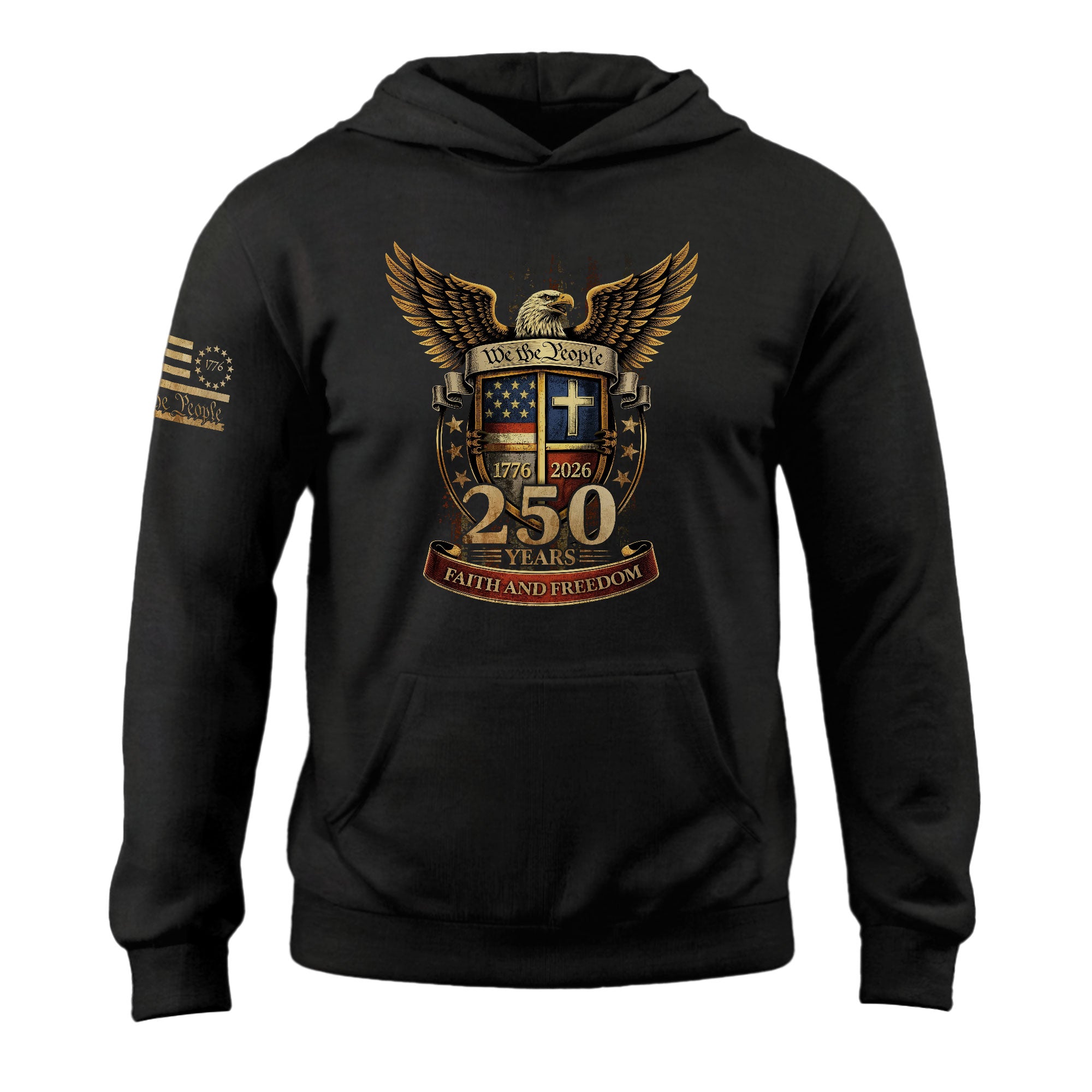 America 250th Anniversary 1776-2026 Semiquincentennial Hoodie – Patriotic Faith and Freedom Cross Shield Flag Men’s Hoodie