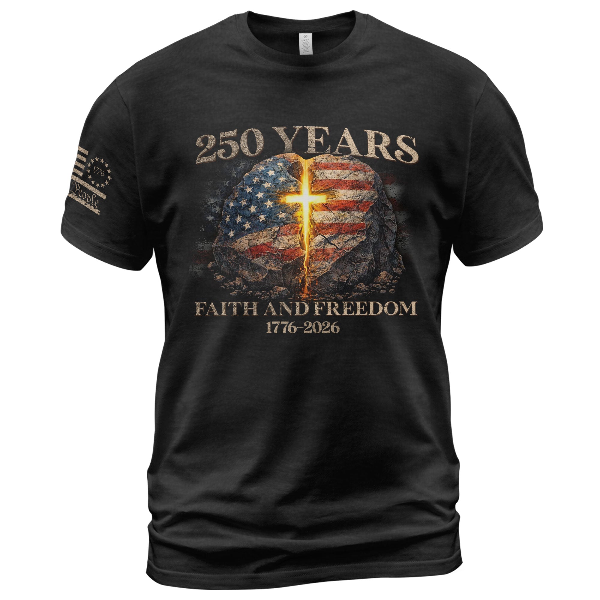 Faith and Freedom 250 Years T-Shirt - Glowing Cross & American Flag Rock Graphic Tee