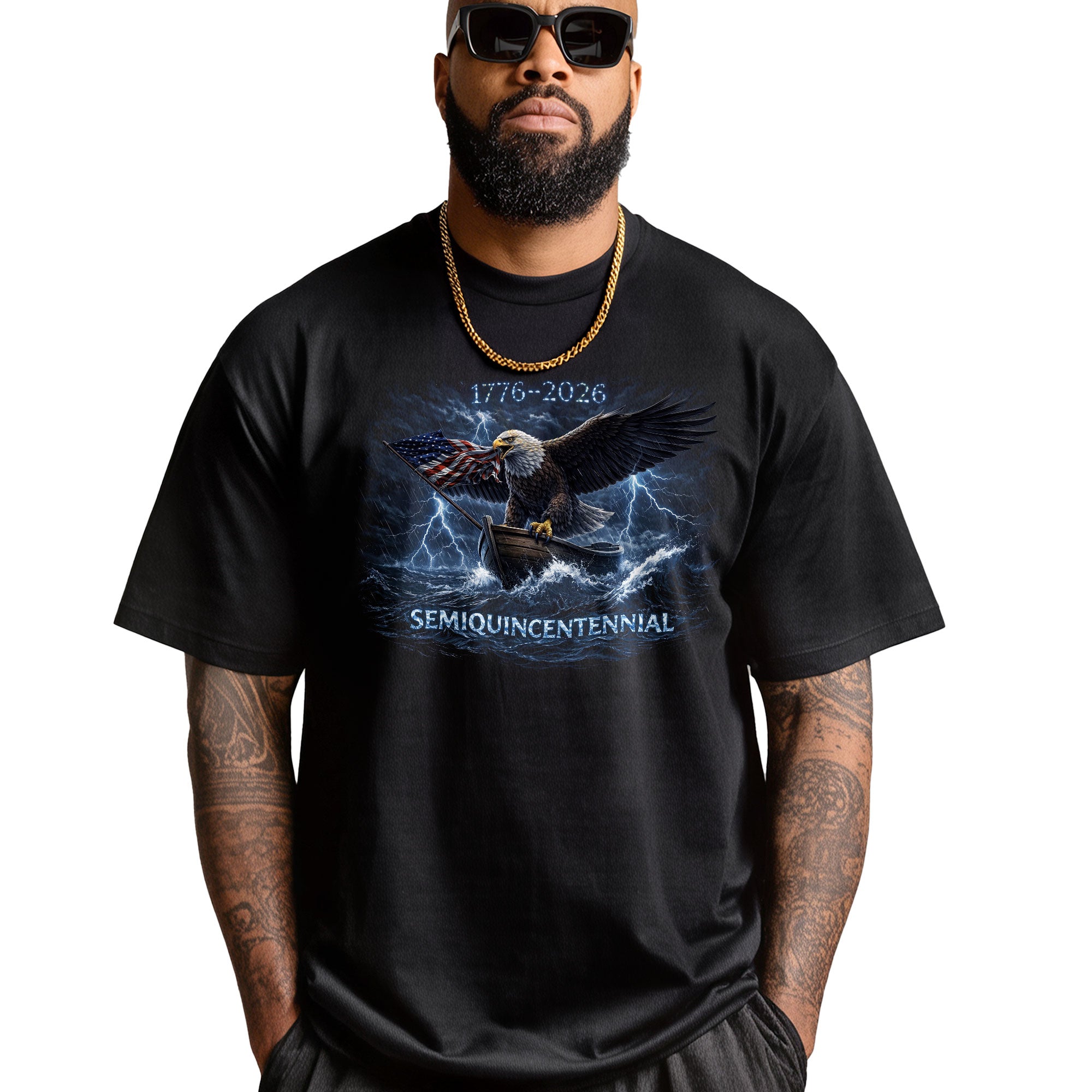 1776–2026 Semiquincentennial Bootleg Eagle Tee – Storm Flag Graphic 250 Years of America