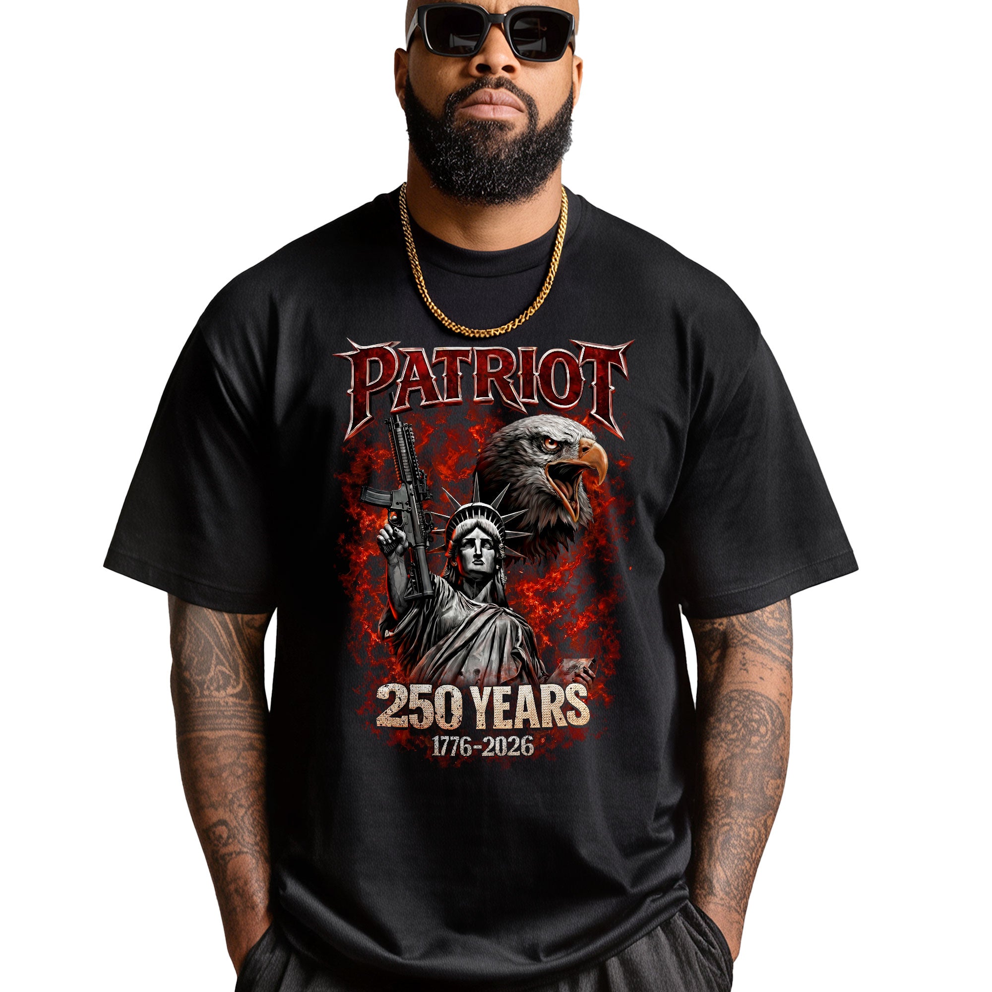 Patriot 250 Years Bootleg Tee – Liberty, Eagle & Firepower Street Graphic