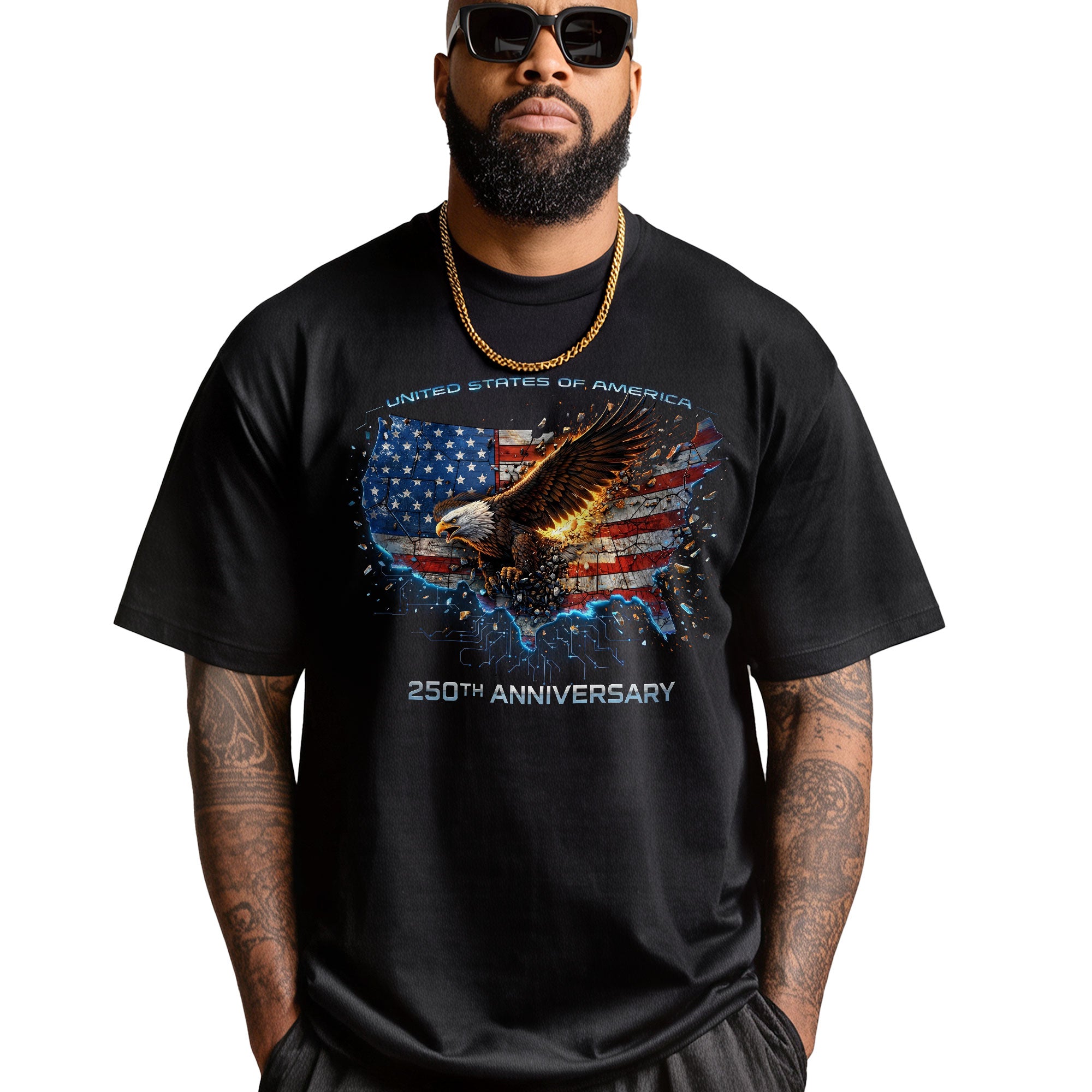 Men's Bootleg Graphic T-Shirt - 250 Years America Anniversary Eagle Ripped Flag Design