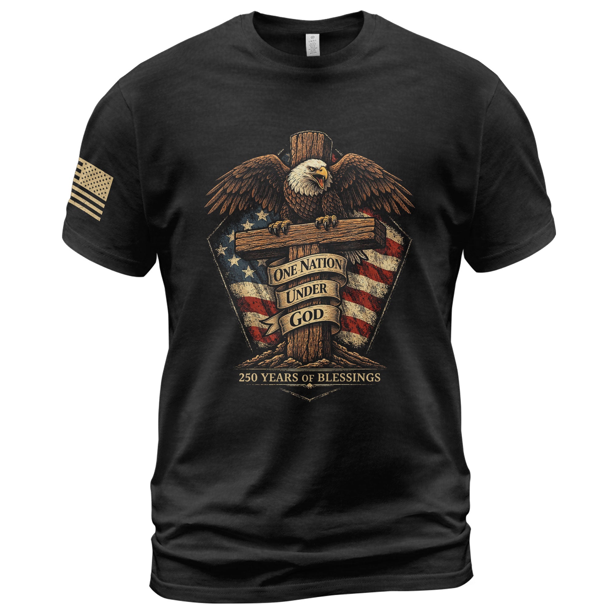 American Faith 250 Years of Blessings T-Shirt - One Nation Under God Eagle & Cross Design