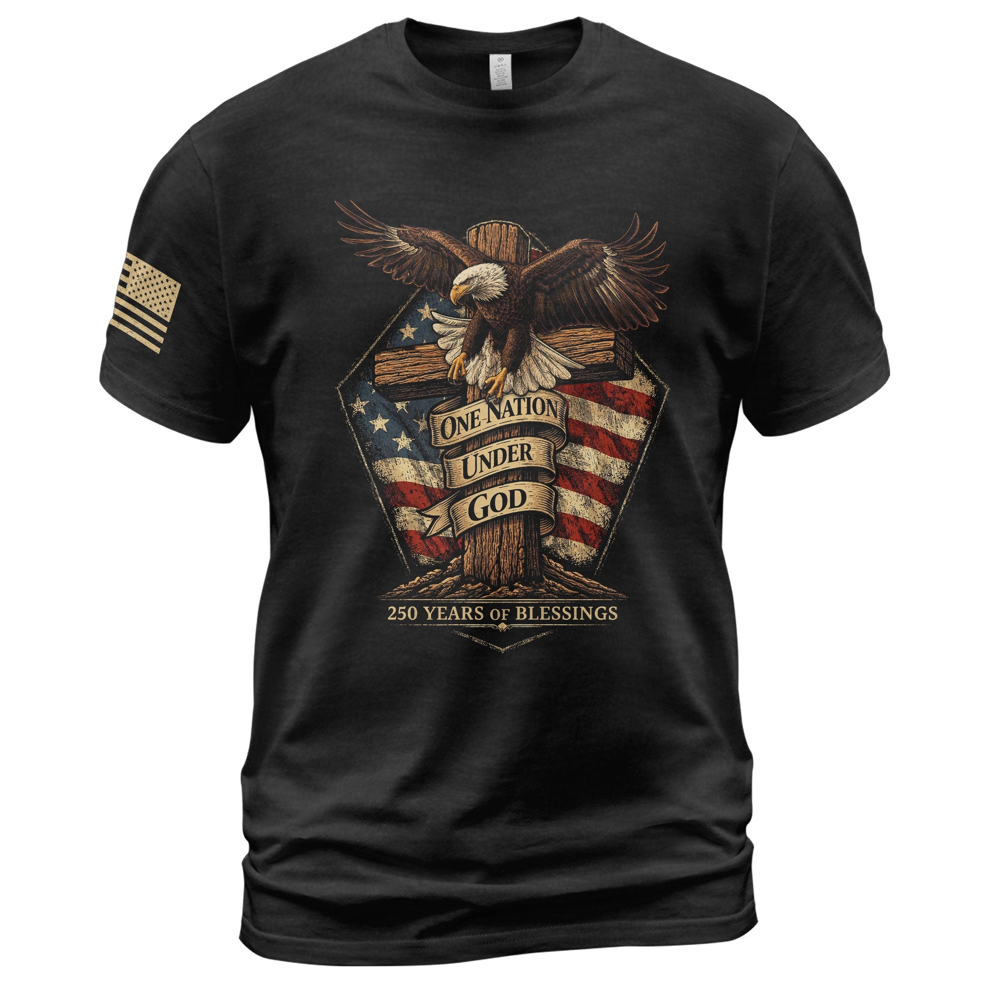 American Faith 250 Years of Blessings T-Shirt - One Nation Under God Eagle & Cross Design