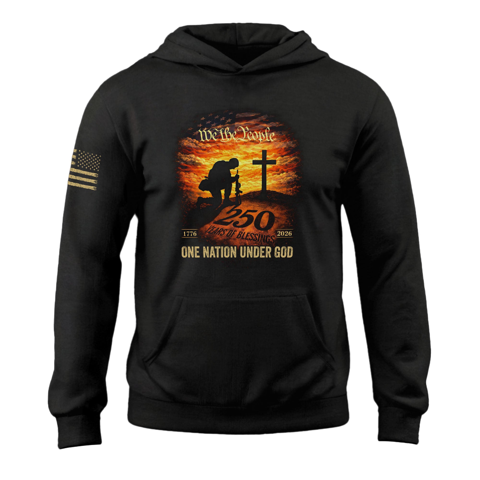 USA 250th Anniversary 1776-2026 Semiquincentennial Hoodie – One Nation Under God Kneeling Soldier Cross We The People Patriotic Apparel