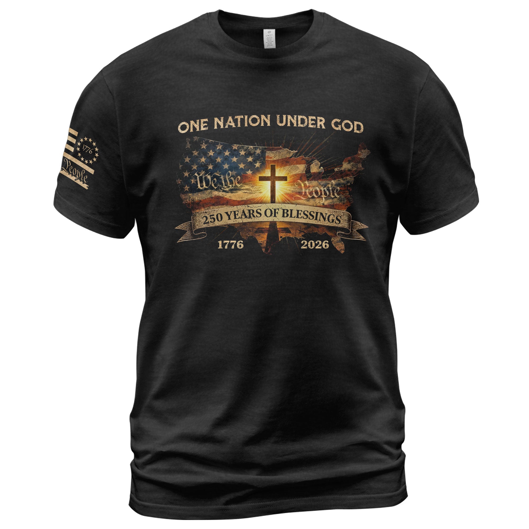 Christian Patriot 250 Years of Blessings T-Shirt - Holy Bible, "We the People" & US Flag Design