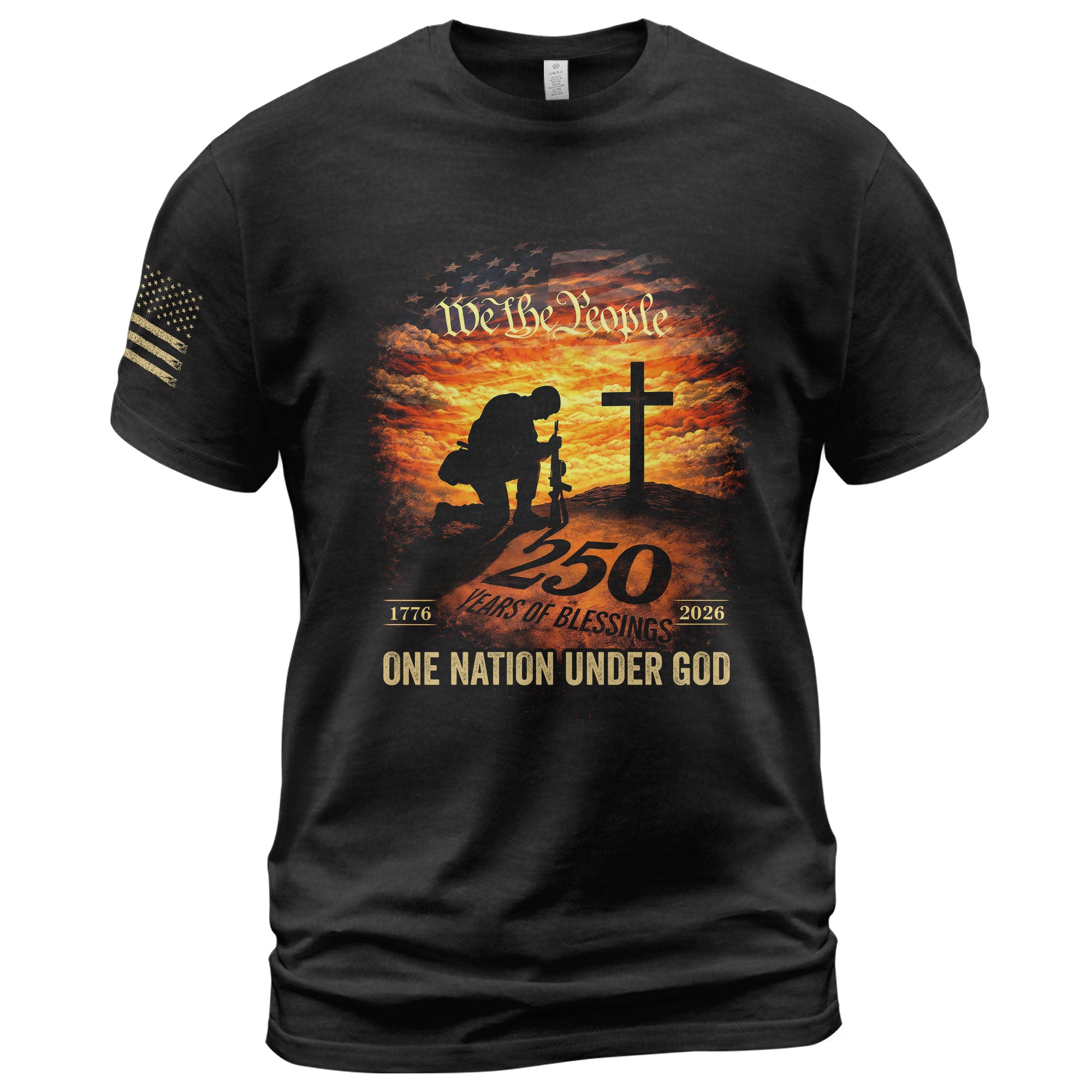 250 Years of Blessings T-Shirt - One Nation Under God Patriotic Soldier Prayer & US Flag Tee