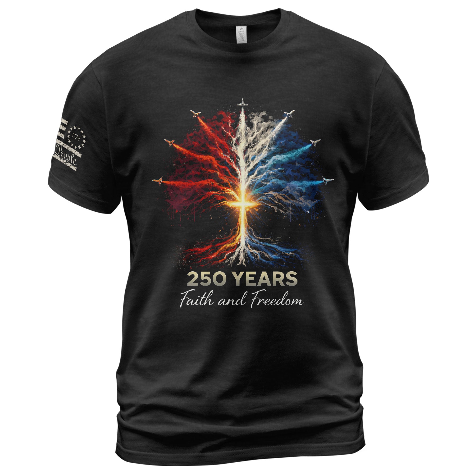 USA Semiquincentennial 250 Years Faith and Freedom 1776–2026 Patriotic Cross Fireworks T-Shirt