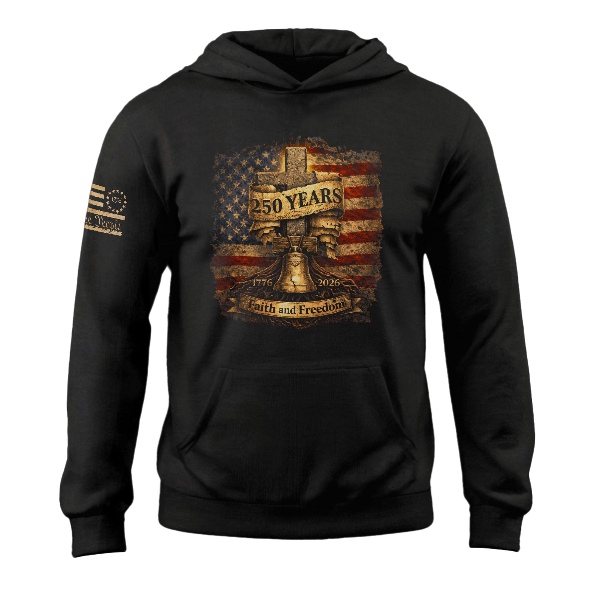USA 250th Anniversary 1776-2026 Semiquincentennial Hoodie – Christian Faith and Freedom Cross & Liberty Bell America 250 Hoodie