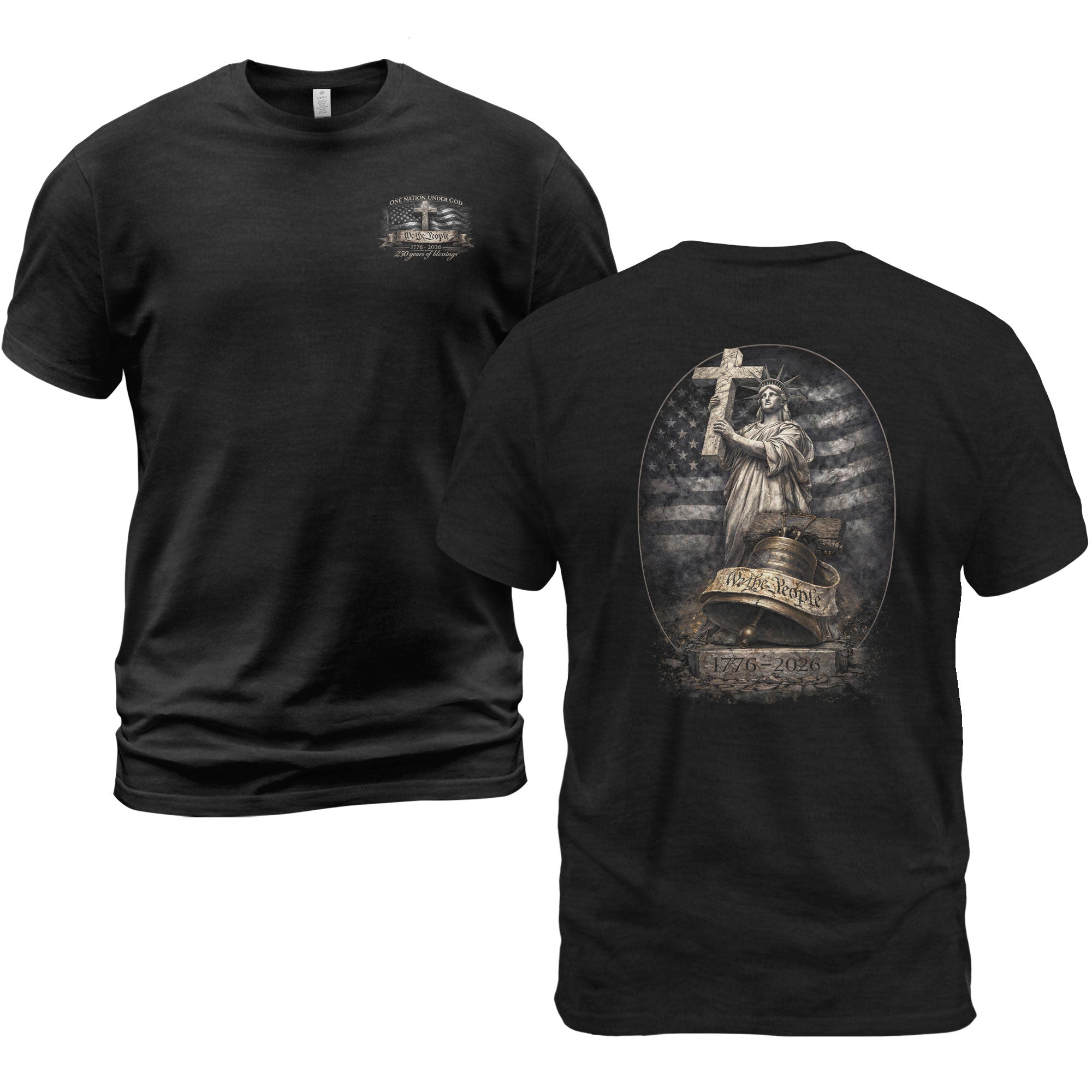 USA 250th Anniversary T-Shirt 1776-2026 – Lady Liberty Cross We The People Freedom Patriotic Flag Tee