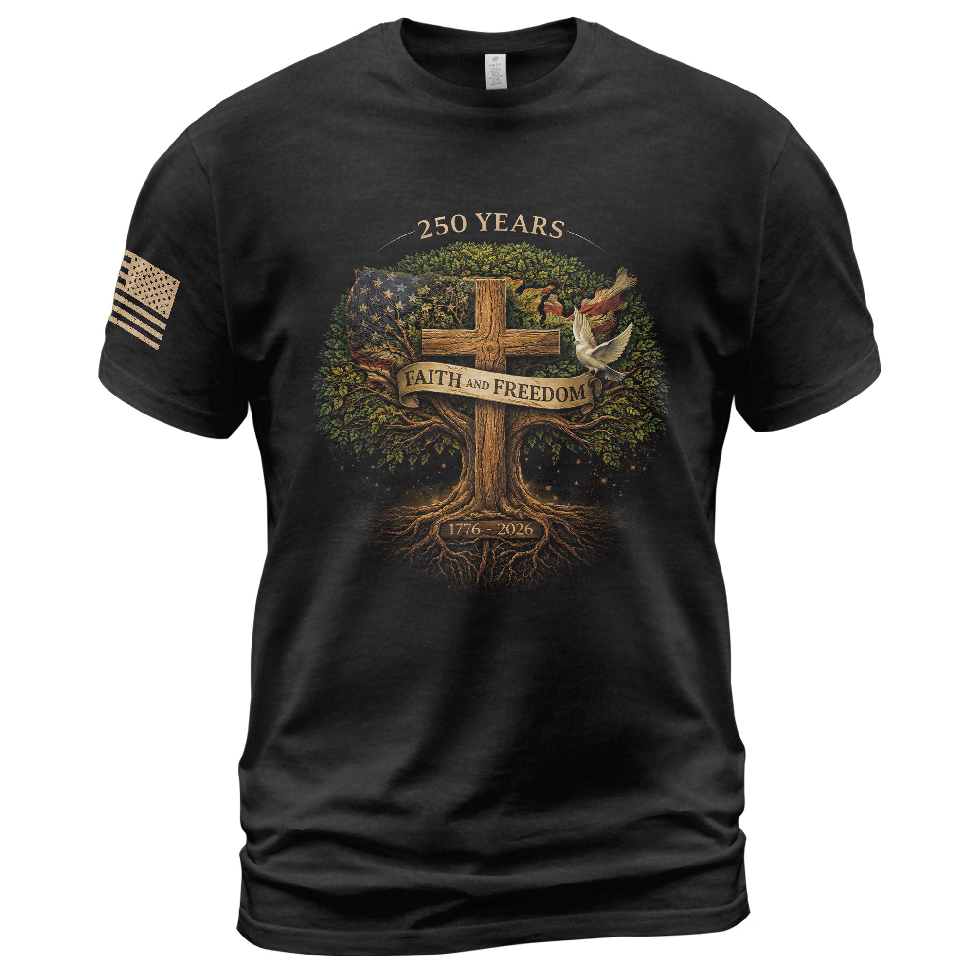 America 250th Anniversary 1776-2026 Semiquincentennial T-Shirt – Faith and Freedom Christian Patriotic Flag Tree of Life Men’s Shirt