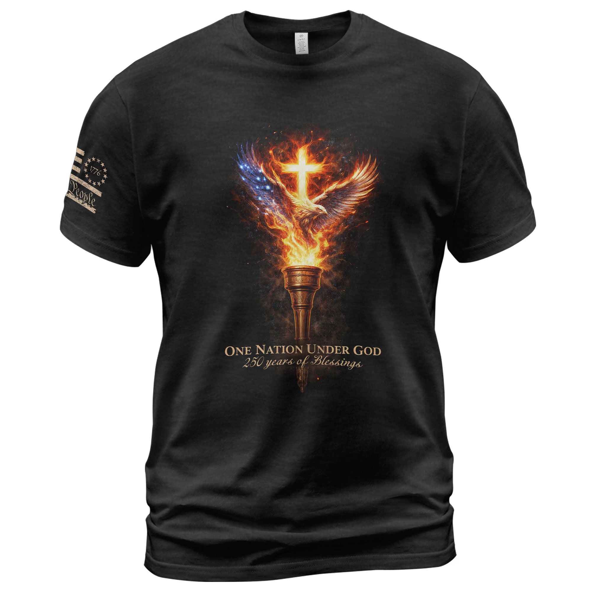 USA 250th Anniversary 1776-2026 Semiquincentennial Christian Shirt – One Nation Under God 250 Years of Blessings Flaming Torch Eagle Cross Tee