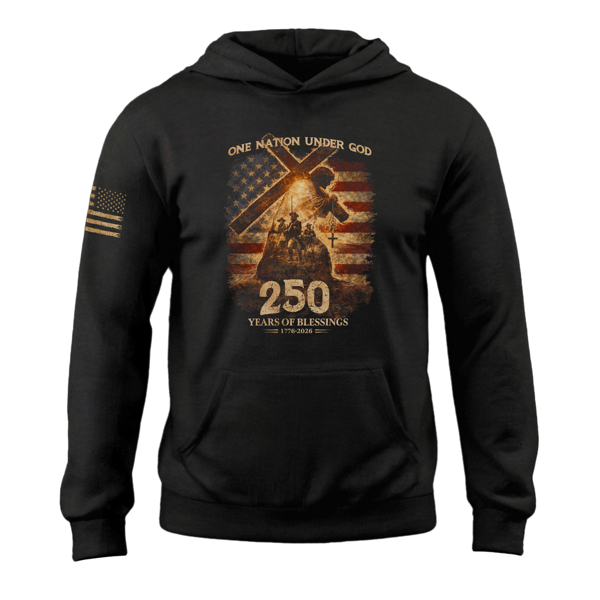 USA 250th Anniversary 1776-2026 Semiquincentennial Hoodie – One Nation Under God Jesus Carrying Cross American Flag Christian Hoodie