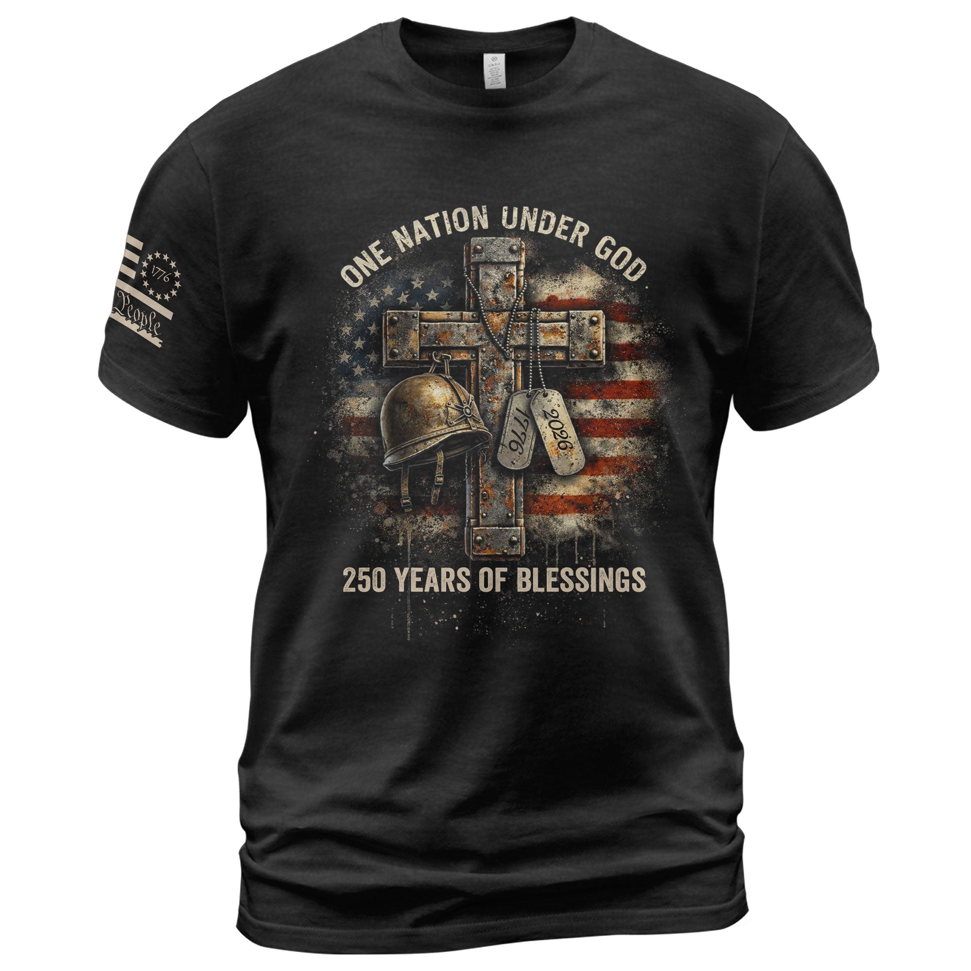 America 250th Anniversary 1776-2026 T-Shirt – Patriotic Veteran Christian Cross & Dog Tags 250 Years of Blessings Semiquincentennial Tee