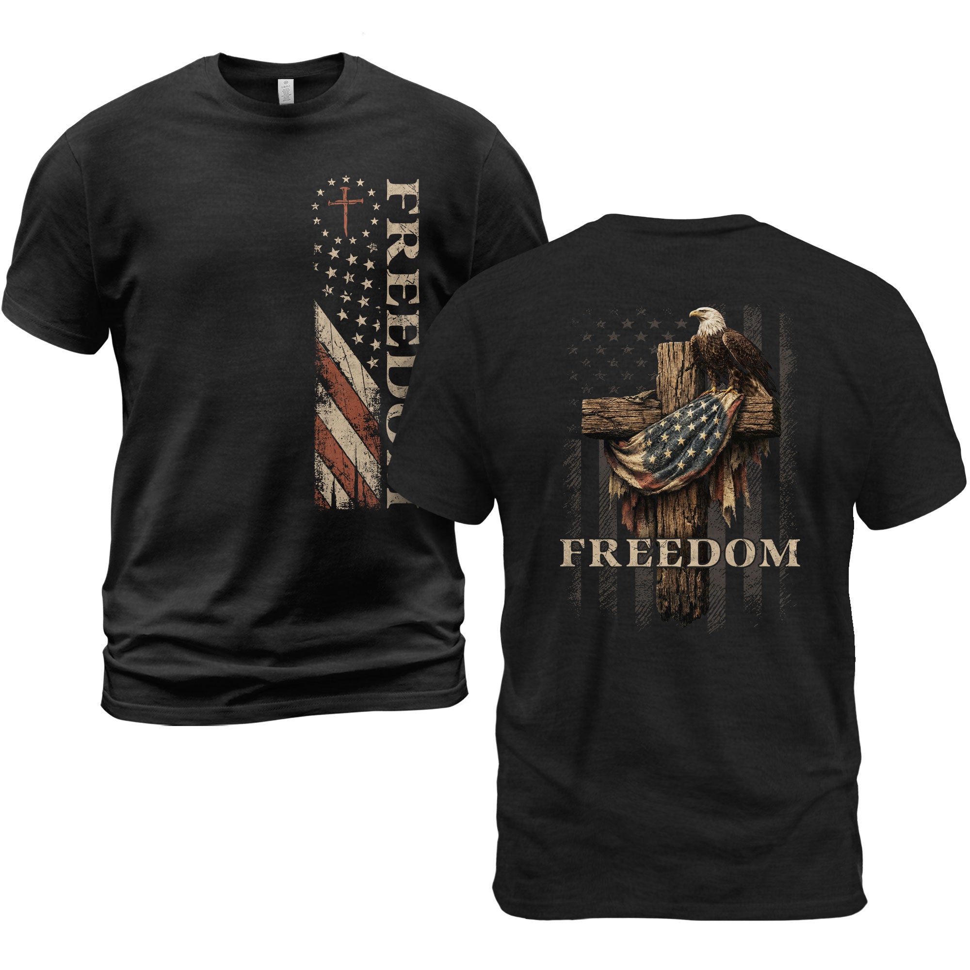 Vintage Freedom 2D Eagle Cross T-Shirt - Retro US Flag Graphic Tee & Patriotic Wooden Cross
