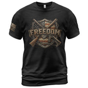 Freedom 2D Shield T-Shirt - Patriotic 2nd Amendment Graphic Tee & American Flag Rifles