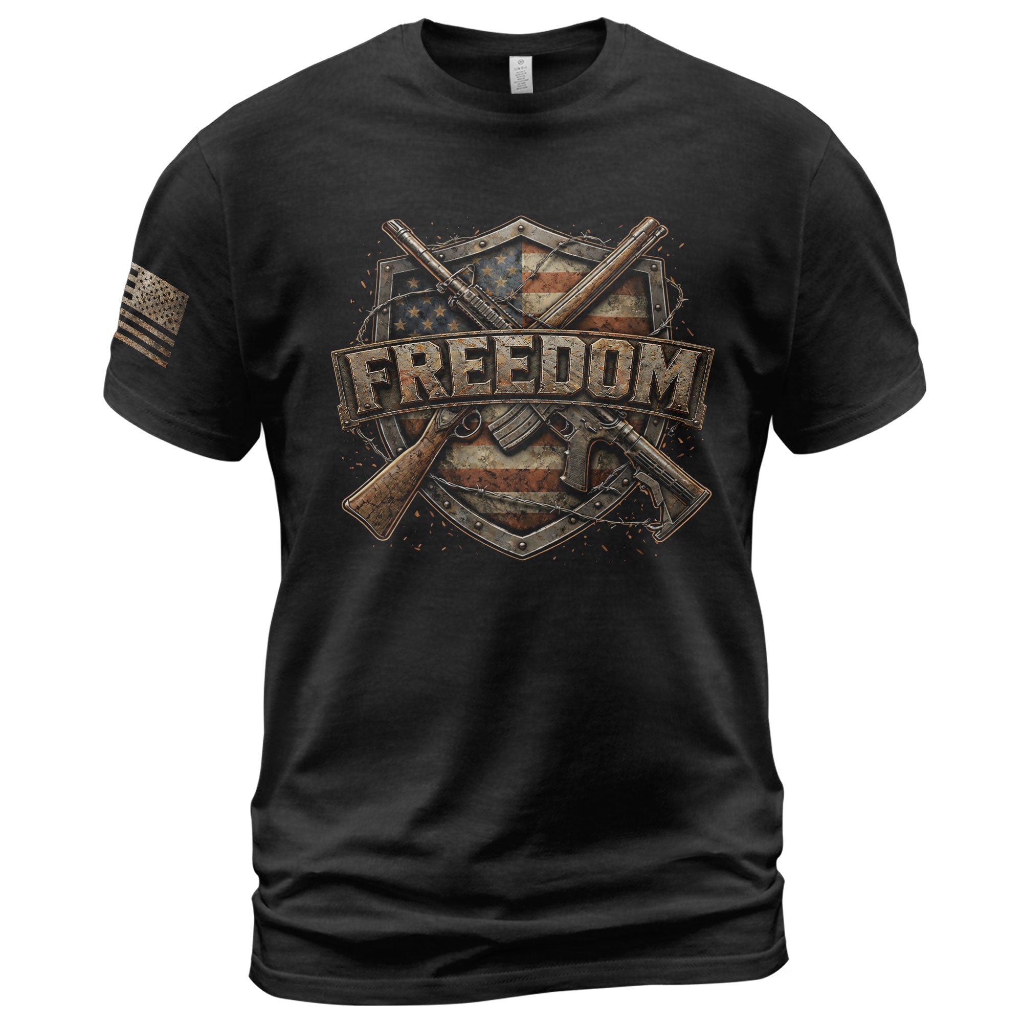 Freedom 2D Shield T-Shirt - Patriotic 2nd Amendment Graphic Tee & American Flag Rifles